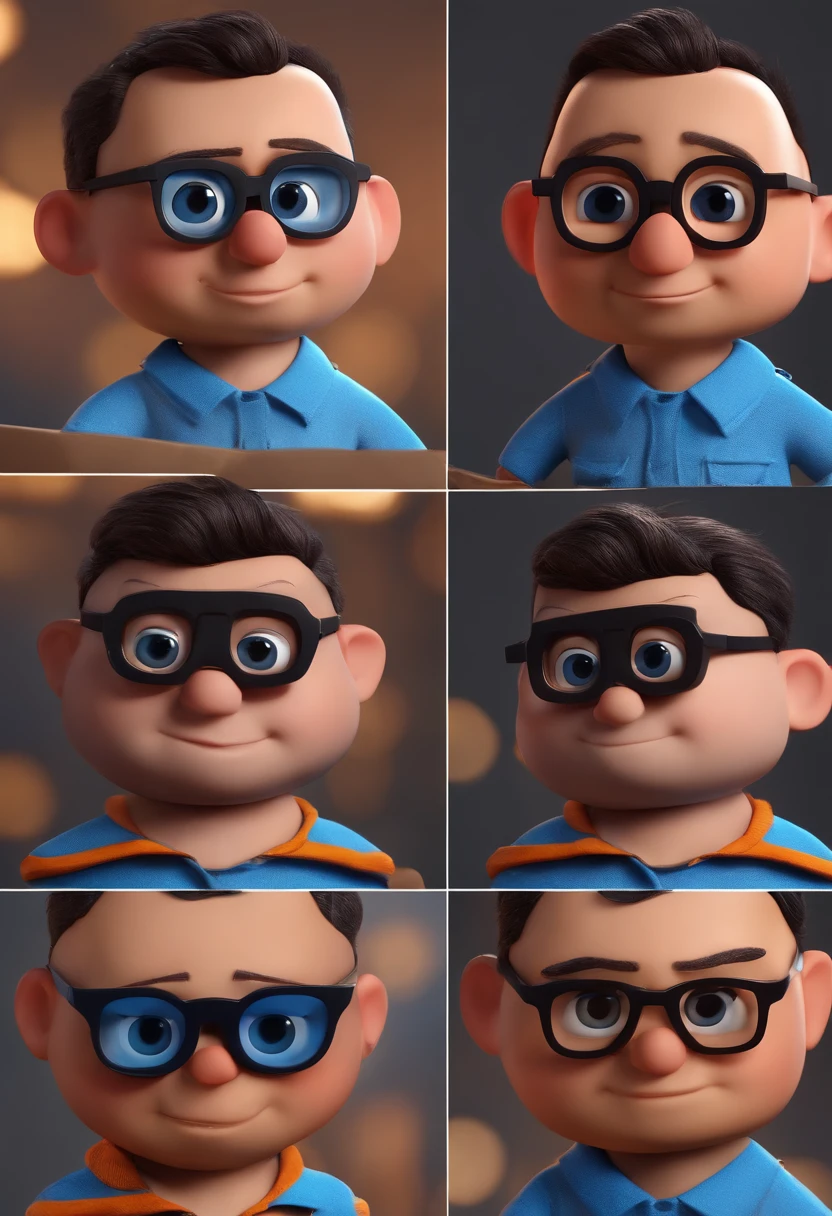 Cartoon character of a man with black glasses and a blue shirt, animation character, Caractere estilizado, animation style rendering, 3D estilizado, Arnold Maya render, 3 d render stylized, toon render keyshot, Personagem 3D, Personagem 3D, 3d rendering stylized, 3 d character render, personagem de desenho animado, Personagem de close up, Pose de personagem,  (Estilo Pixar) (master part:1.2) (Bokeh) (best quality) (pele detalhada) (textura detalhada) (8k) (argila) (Cinematic lighting) (foco nítido