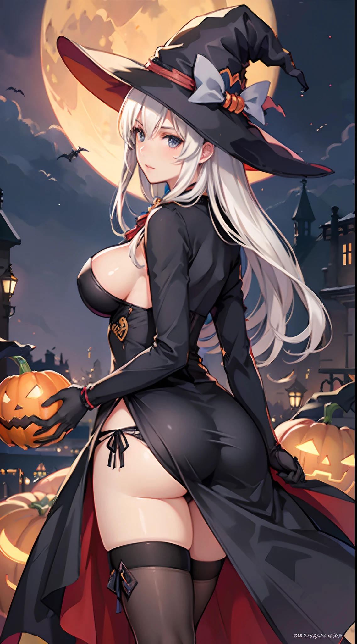 (Best Quality, 4K, 8K, hight resolution, masutepiece:1.2), Ultra-detailed, (Realistic, Photorealistic, Photorealsitic:1.37), Mature Woman, Adult Woman, notre dame, Halloween Scenery,Midnight,masutepiece, Highest Quality, Ultra-fine,max resolution, Extremely detailed, ((Halloween Style Costumes,a miniskirt,witch's hat)),Huge breasts, Big ass,Seductive thighs,overknee socks,(((Beautiful skins))),red blush,,is standing,White panties