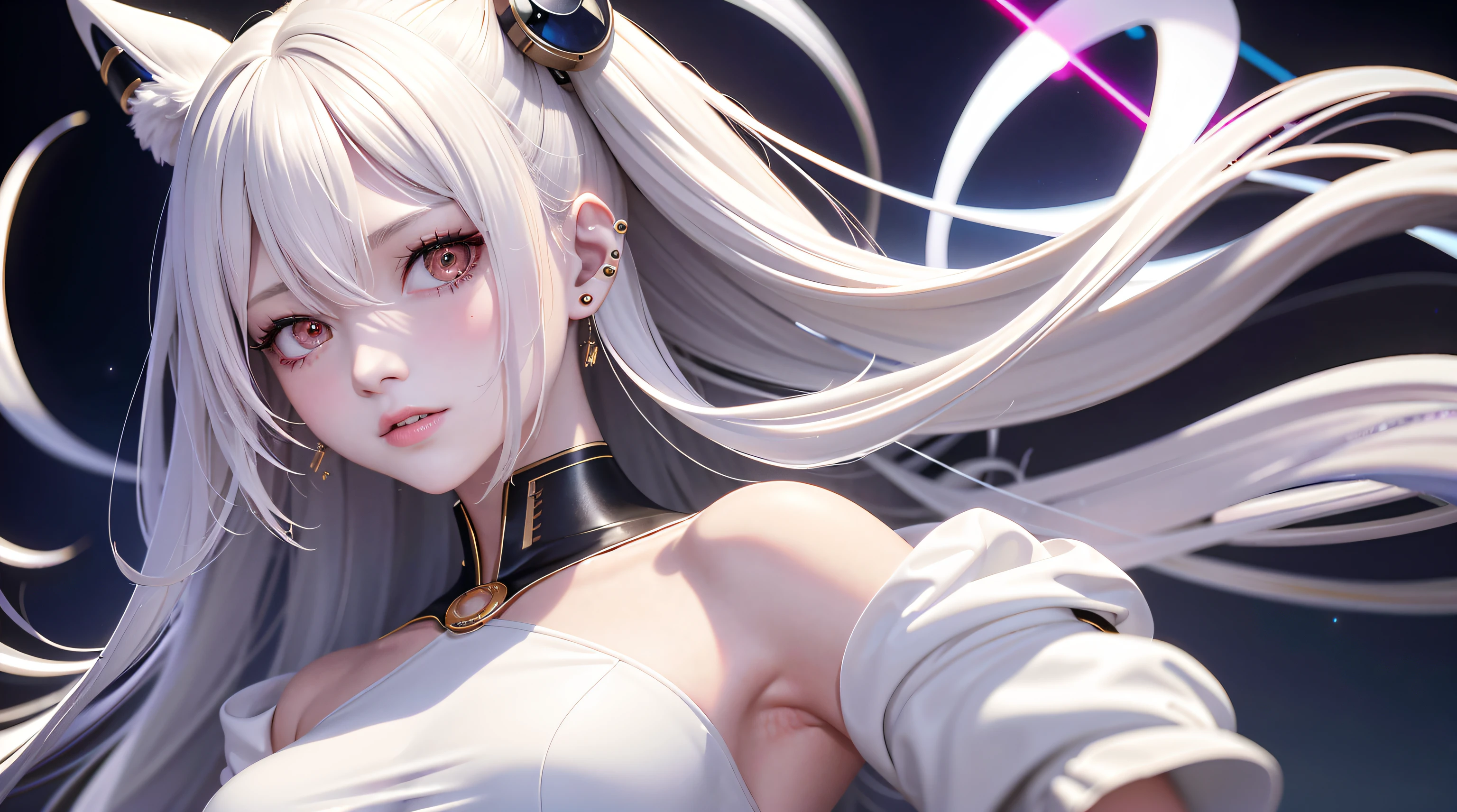 optimum,tmasterpiece,A high resolution,best qualtiy,hyper HD,super detailing,Award-Awarded,16k,独奏,(The upper part of the body),anatomy correct,Beautiful cyberpunk girl,cute face,,Gradient Beige Hair,Hairline,((Scarlet eyes)),long eyelasher,Hanging eye corners,White skin of the,(small boobs),(Slim body),((Uniform coat)),(),ear studs,(neck rings),(Laser material clothing:1.2)