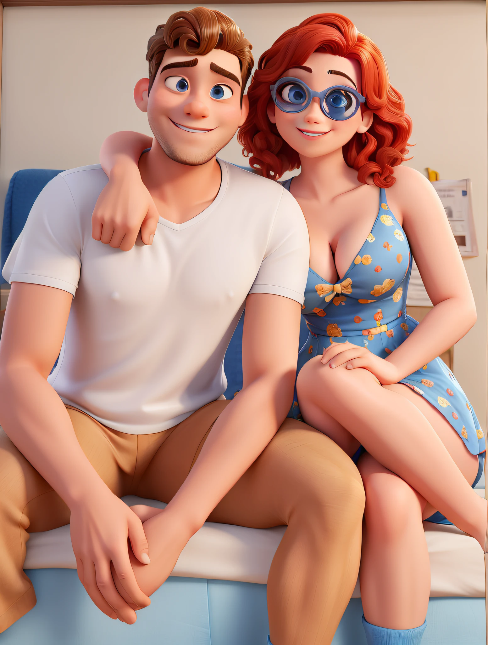 Poster 3D Estilo Disney Pixar, mulher com cabelo vermelho, mulher com cabelo curto, mulher com cabelo encaracolado, Mulher no vestido azul, mulher com olhos grandes. homem com cabelo loiro. homem sorrindo. Homem cabelo curto, cabelo do homem amarelo. homem com uma orelha pequena, ele de terno e ela de vestido. casal se beijando. mulher com oculos escuro de sol.
