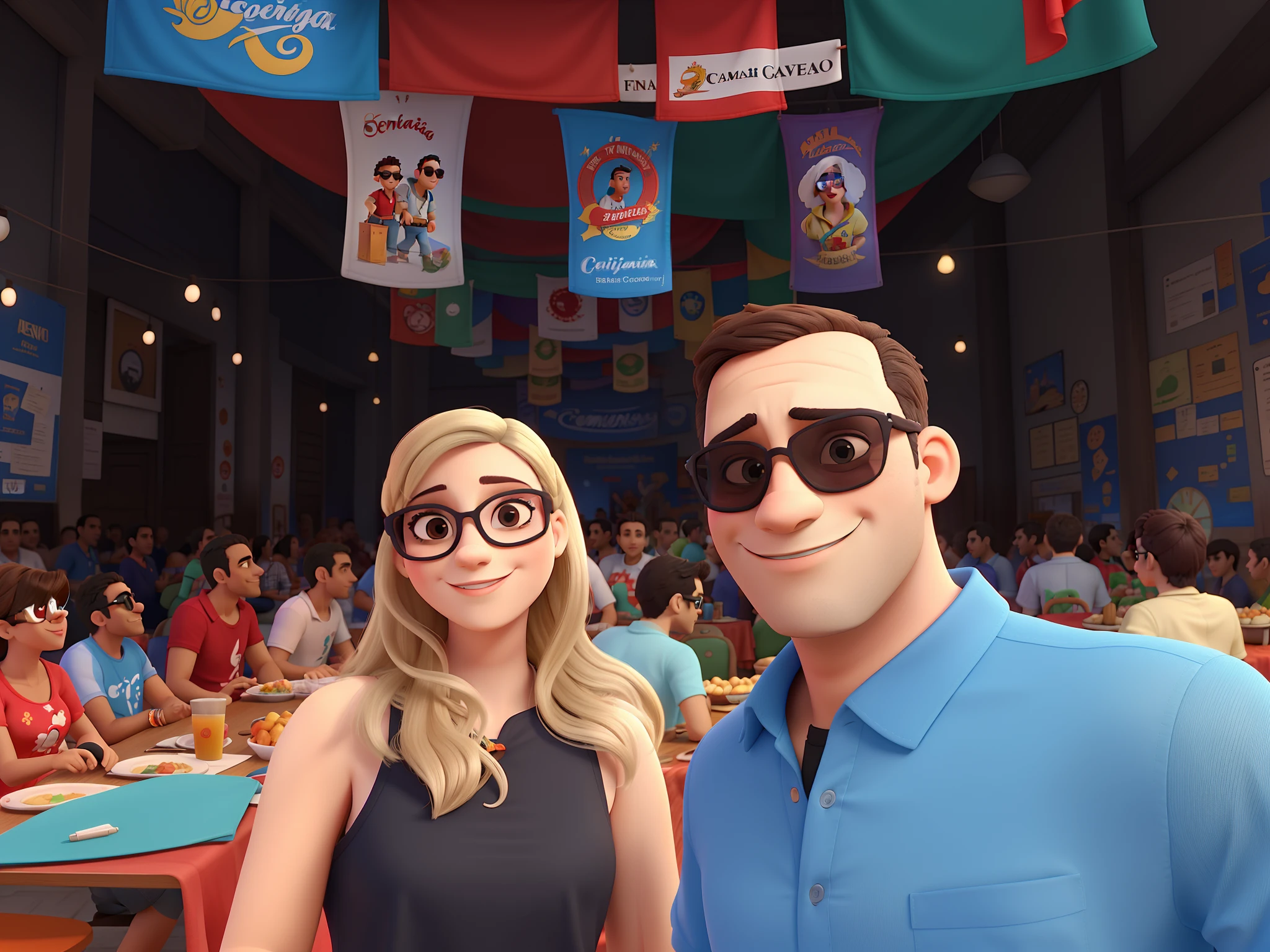 Couple man and woman with sunglasses, numa festa portuguesa ao fundo, com pessoas sentadas nas cadeiras, no estilo Disney Pixar, alta qualidade, melhor qualidade