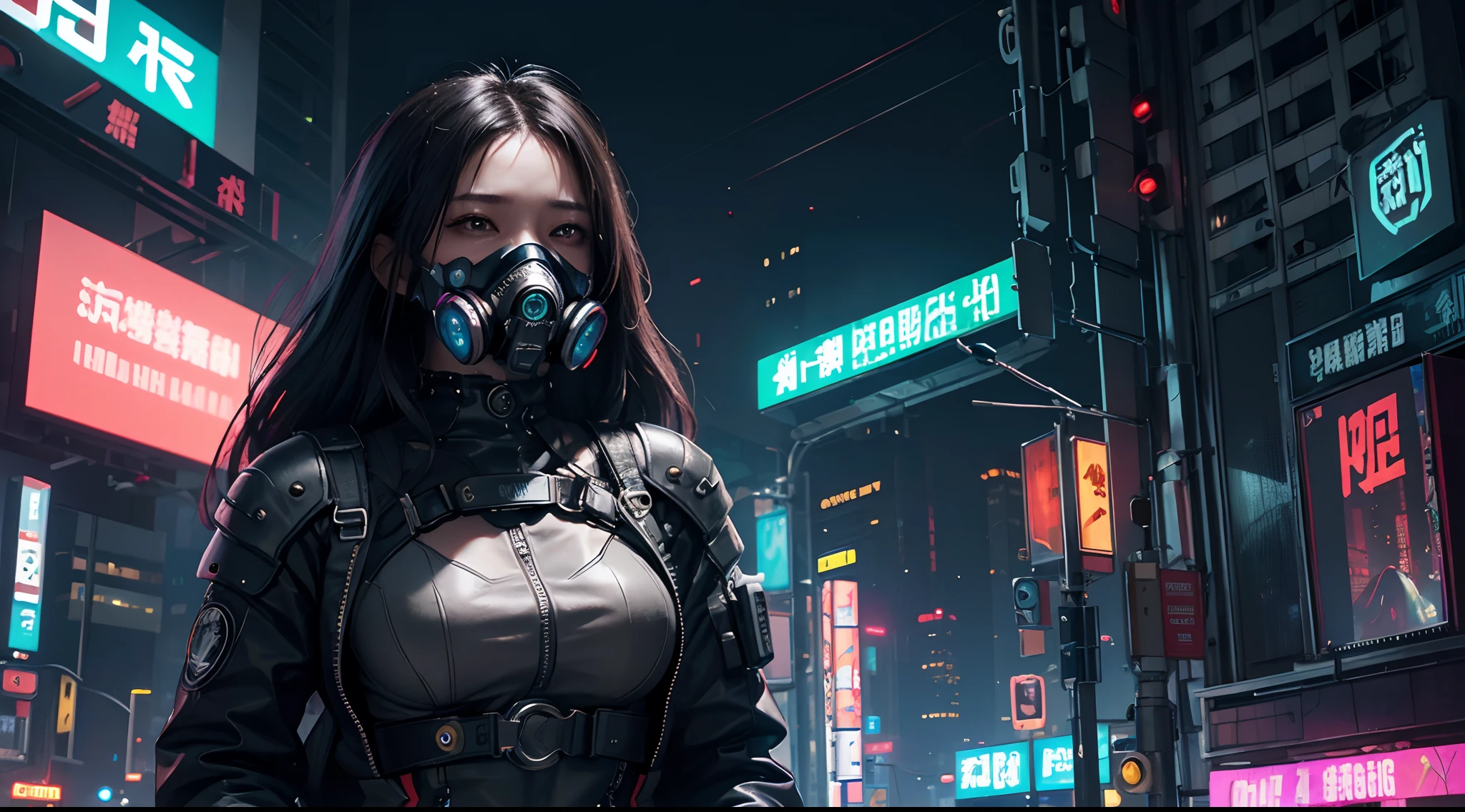 top-quality、8k、masterpiece:1.3、Crisp focus:1.2、Cyberpunk Theme、Cyberpunk city background with neon lights glowing、Beautiful woman wearing whole body mechanical parts、High exposure、Wearing a gas mask、Creative images of cyberpunk beauties。
