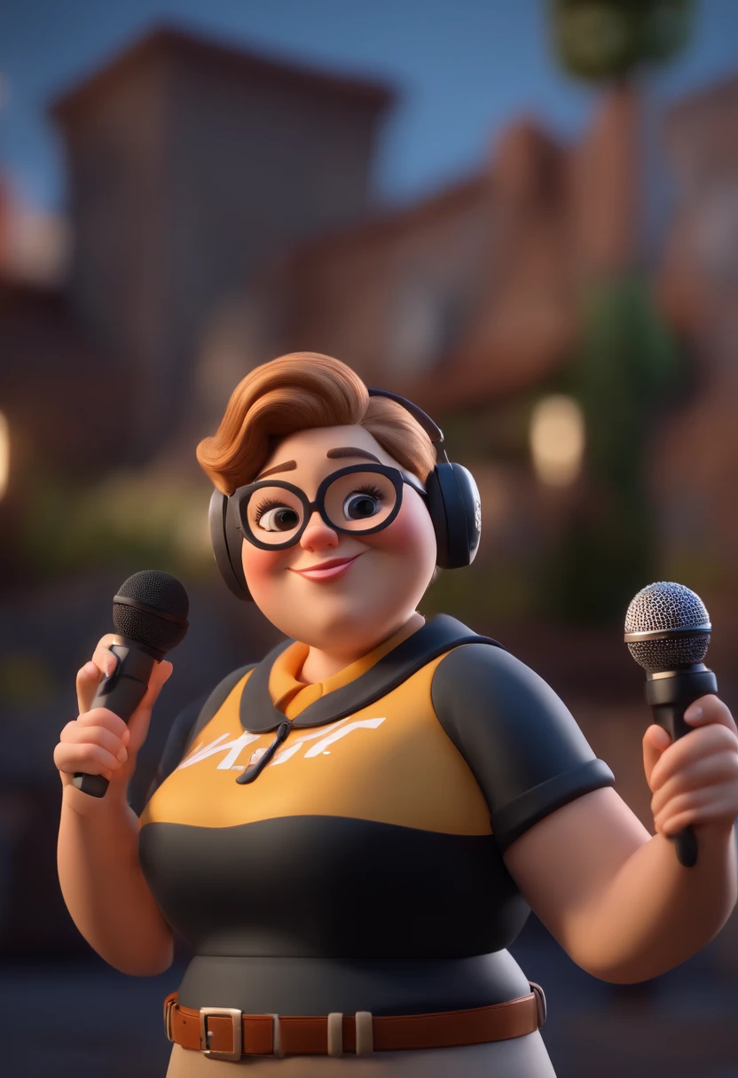 Cartoon character of a fat woman, round face, brown hair with blonde highlights, wearing a bun in her hair, holding a microphone and singing, wearing black glasses, black jacket, a gray shirt, an animated character, stylized character, style rendering animation, 3D stylized, Arnold Maya render, 3d stylized render, toon render keyshot, 3D Character, Stylized 3D rendering, 3D character rendering, cartoon character, Close up character, Character pose, (Pixar Style) ( Masterpiece:1.2) (Bokeh) (best quality) (detailed skin) (detailed texture) (8k) (clay) (cinematic lighting) (sharp focus，american flat