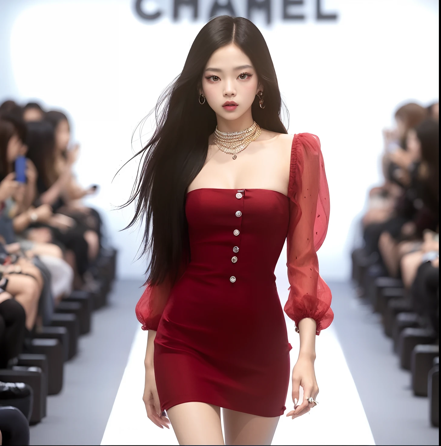 Un primer plano de una mujer caminando por una pasarela con un vestido rojo, Blackpink Jennie, Jisoo de Blackpink, Modelo de moda femenina coreana, Jossi de Blackpink, inspirado por Sim Sa-jeong, Jisoo de Blackpink, Modelo de moda, Parque Roseanne de Blackpink, con un vestido rojo, Retrato Jisoo Blackpink, vestido de terciopelo rojo, en un vestido rojo, con vestido rojo