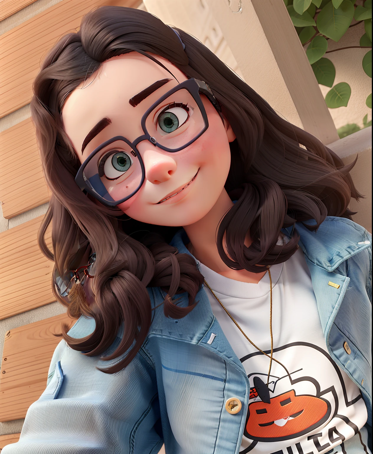 Girl with glasses, com jaqueta jeans e camiseta branca