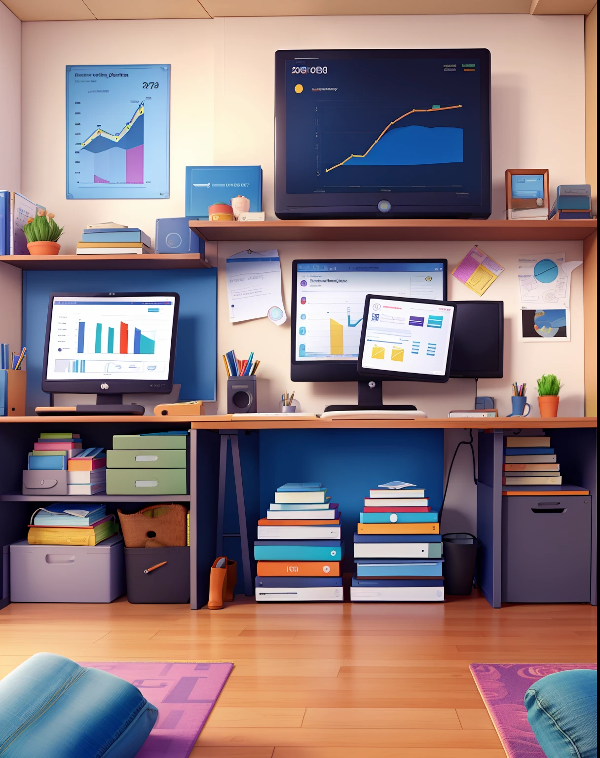 Make a Pixar-style poster with vibrant colors and detailed textures. O desenho deve possuir pessoas adultas, na faixa de 20 a 35 anos, Happy in a relaxed office with lots of data and graphs. Essas pessoas devem estar com camisa jeans azul escura, Jeans and boots in a very technological and relaxed office. They work on computers and tablets on data and analytics reports.