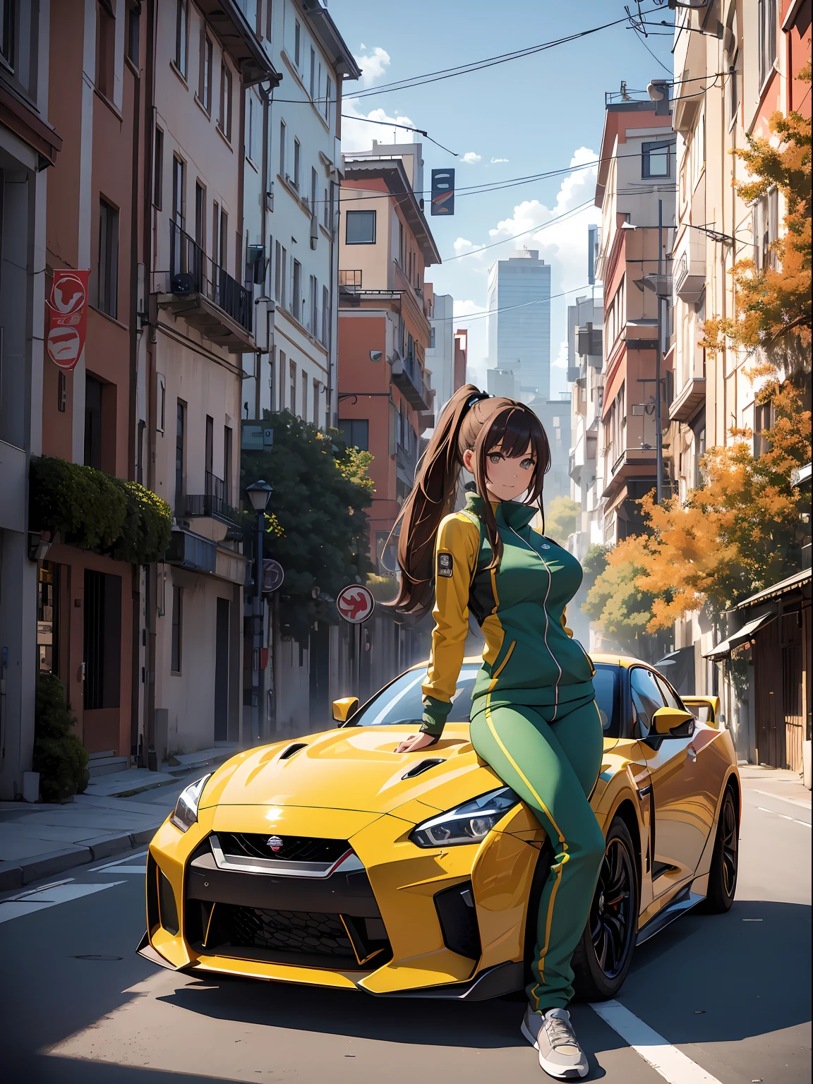 SKYLINER32, sports car parked on a street covered with leaves in autumn in a (city:1.3), fall, global illumination, volumetric lighting, best quality, highly detailed, cgi, illustration, octane render, 16K, HDR, ray tracing, RTX, ultra realistic, highres, wide angle shot, best quality, masterpiece, full body image, (perfect anatomy ), a cute girl for a photograph sitting on a Nissan gtr hood, wearing short sexy green track suit, big boobs, long brown hair, ponytail, bangs, happy chuckle, brown eyes, sexy body, looking at the camera, day time, blue sky, clouds, anime style, outdoors, trending on artstation, WLOP, sakimichan, award wining, great composition, perfect, great lighting, car girl, 1car, Nissan gtr, japan village, cute girl, mountain road, drift girl, good proportions