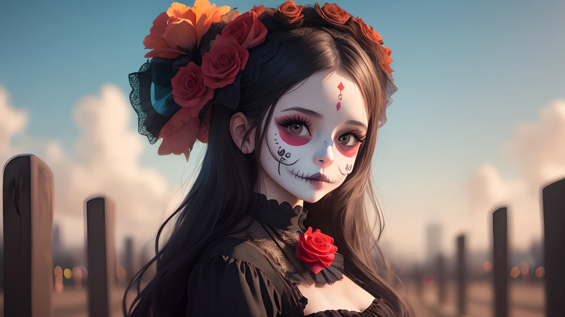 Day of the dead girl with painted face sugar skull (master part, Qualidade Superior, best quality, Arte Oficial, Beautiful and Aesthetic:1.2), (1girl), extremamente detalhado,(Arte Fractal:1.3),colorido,mais alto detalhado