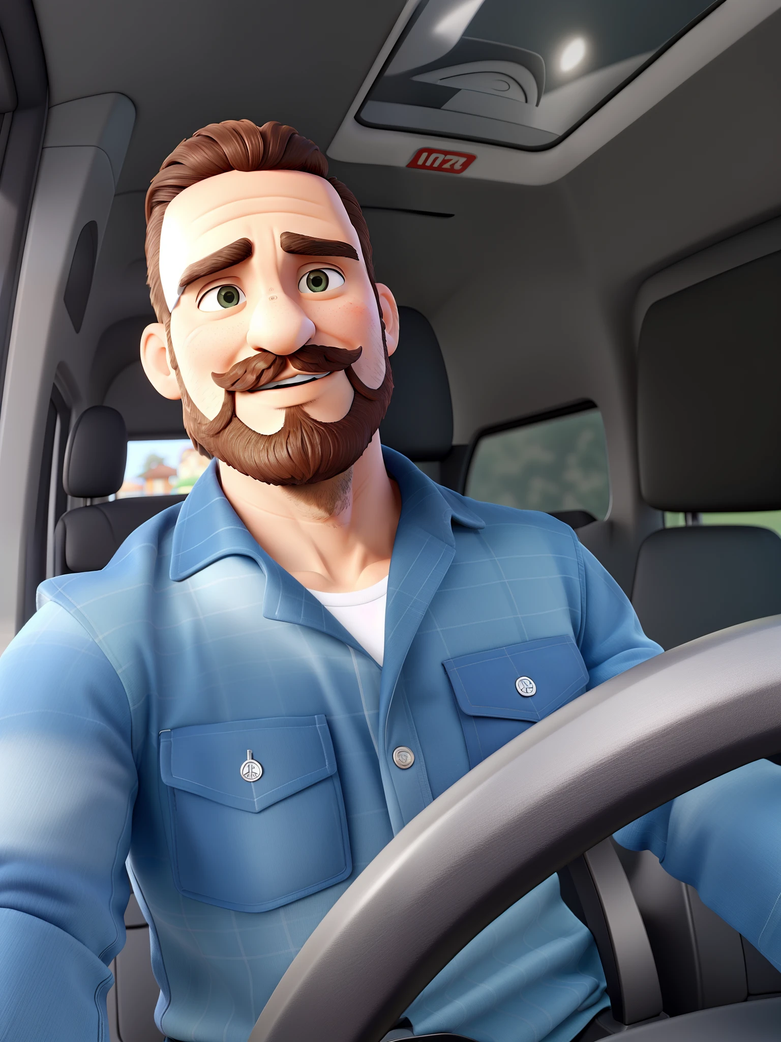 Um homem 25 anos, cabelo curto e topete, com barba grande, bigode, fundo da imagem dentro de uma Mercedes Sprinter dirigindo
