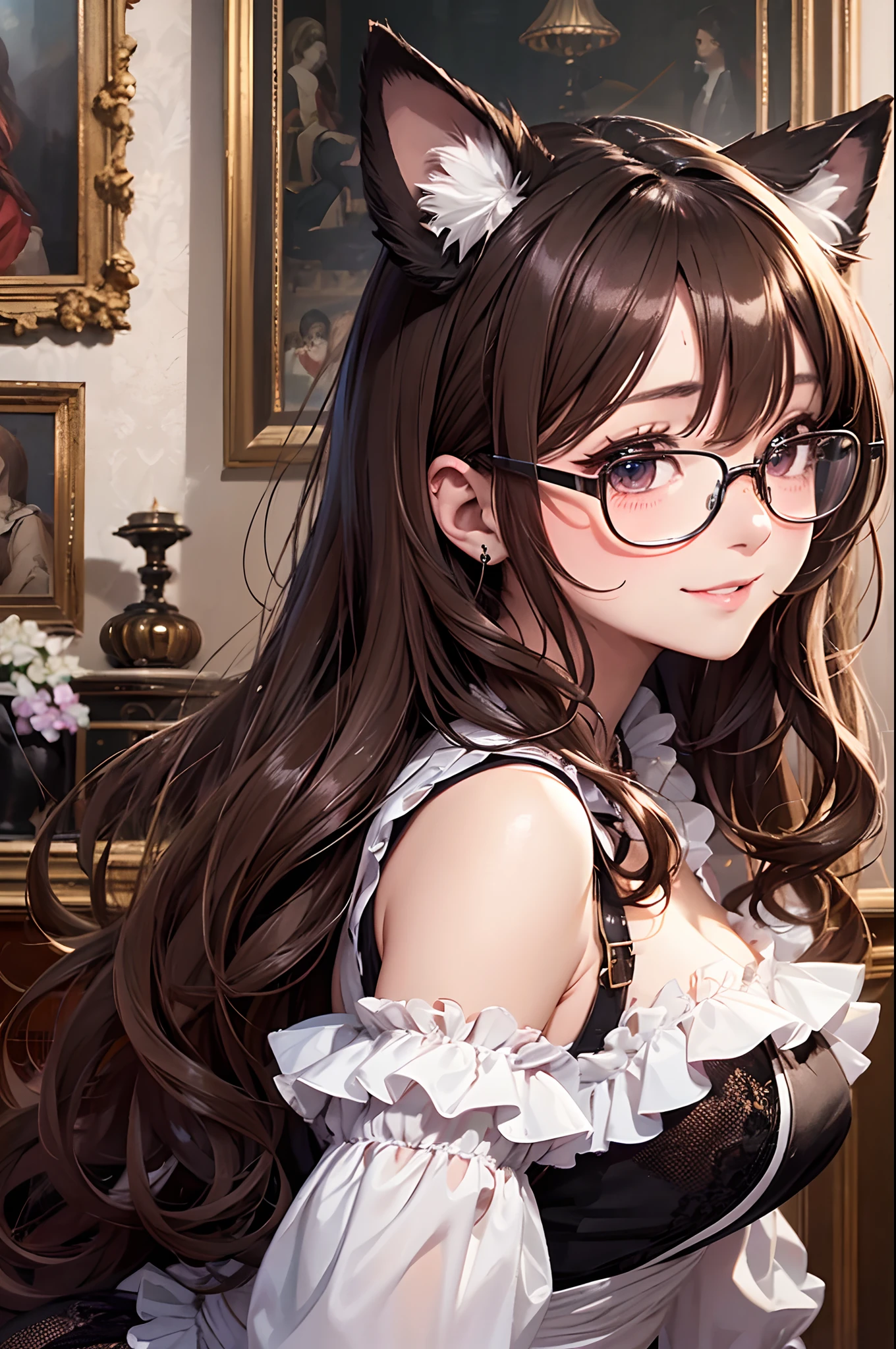 16K Ultra High Definition
Super Detailed
Masterpiece Full Color
Shiny and detailed hair
Beautiful human woman with long brown hair、There are no human ears
Super Big Beautiful、Maid Outfit
Dog Ears
Glossy skin
Red cheeks
Moist eyes and an embarrassed expression
Wearing glasses
Seduce with a bewitching smile
The background is the living room