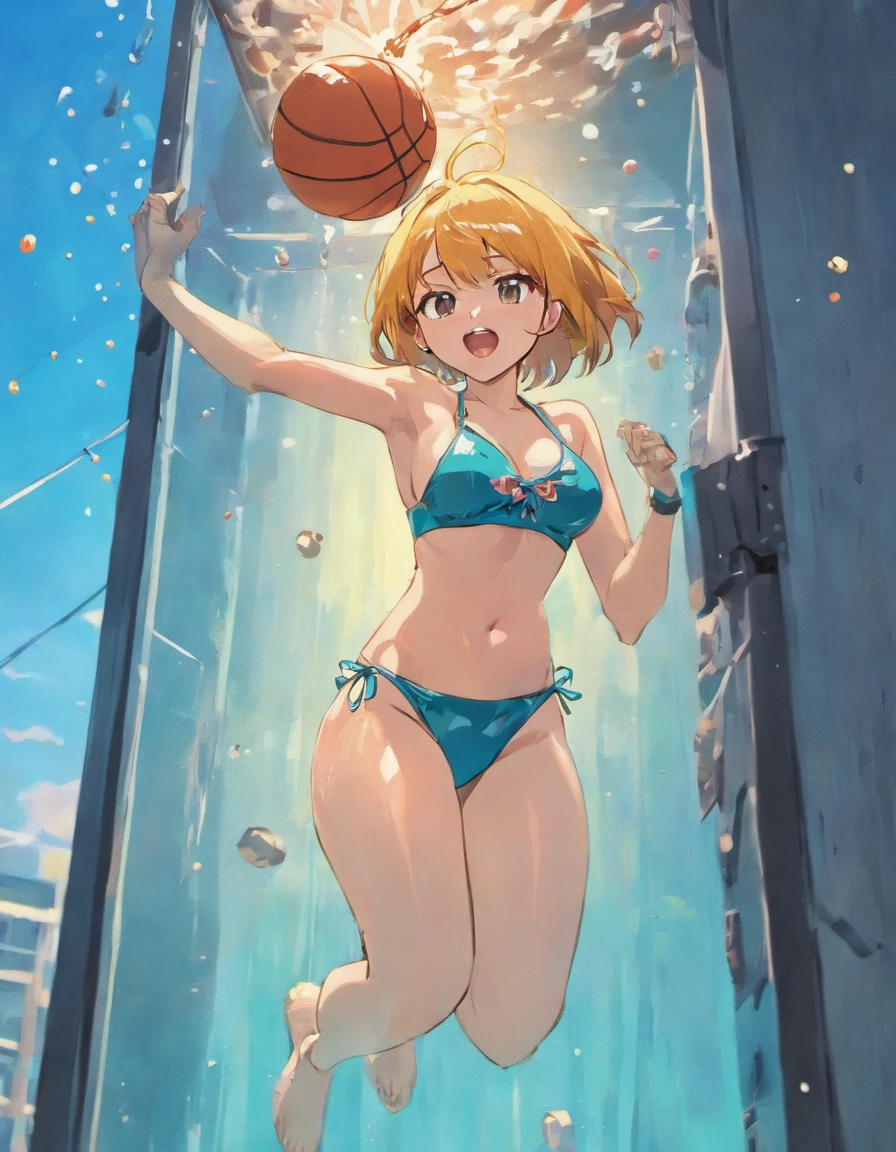 Woman in a bikini falling into a dunk tank