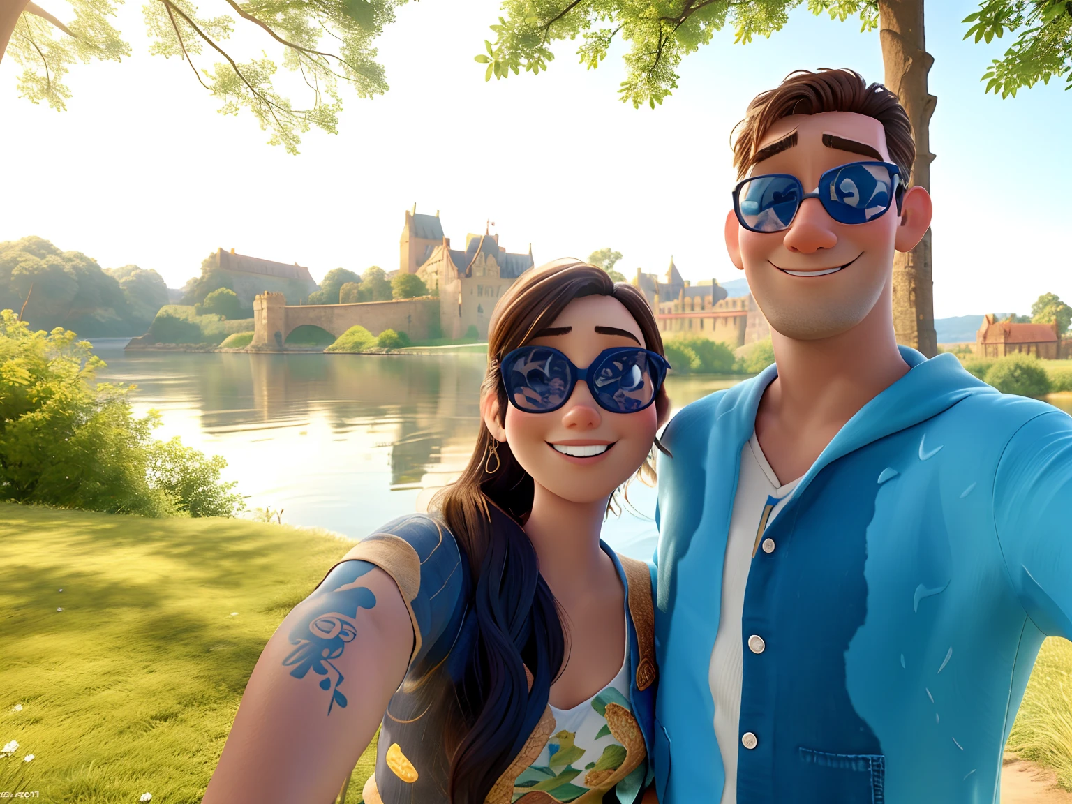 Arafed couple taking a selfie in front of a lake - SeaArt AI