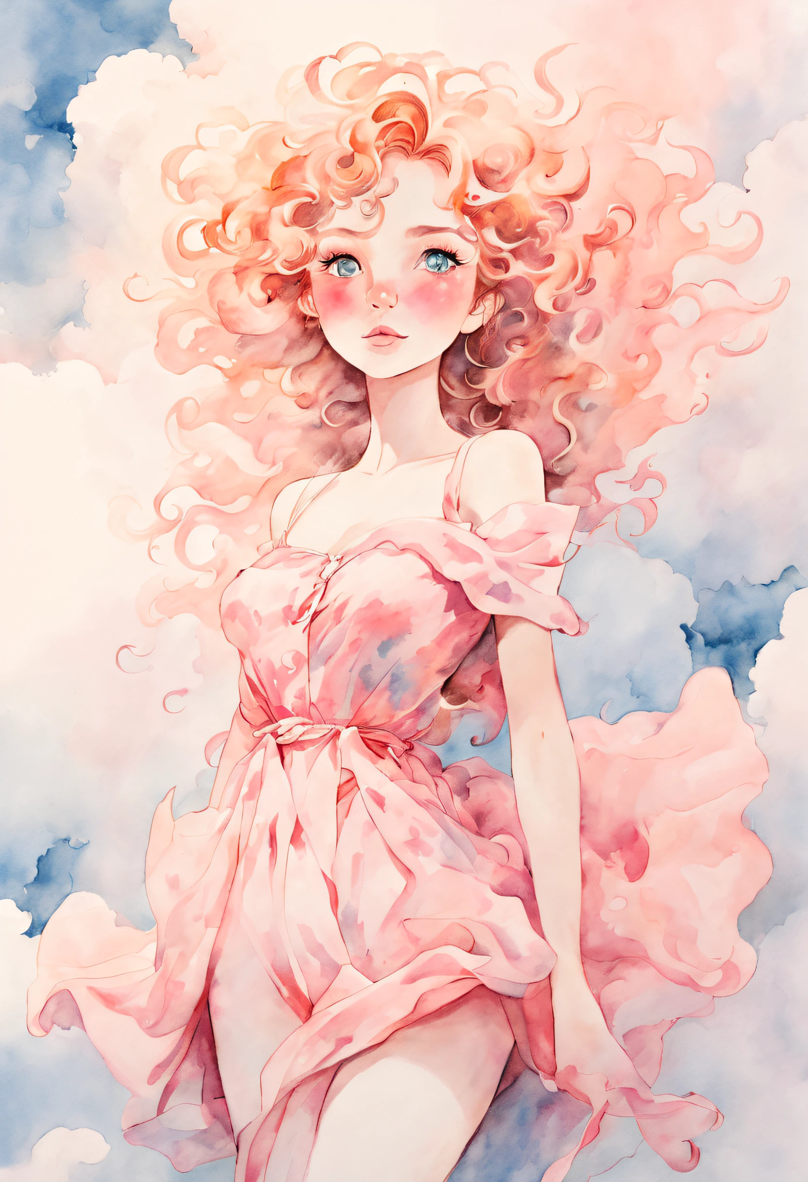 Create an illustration using the soft and ethereal qualities of watercolor. Beautiful pink skin anime model full body, sun-bathing on floating cloud along the suns surface, enticing eyes, curly hair dreamy, background thick clouds,, hyperdetailed, detailed, (masterpiece) . high fashion, luxurious, extravagant, stylish, sensual, opulent, elegance, stunning beauty, professional, high contrast, detailed,  Depict a dreamy, whimsical scene with elements that seem to merge with the background