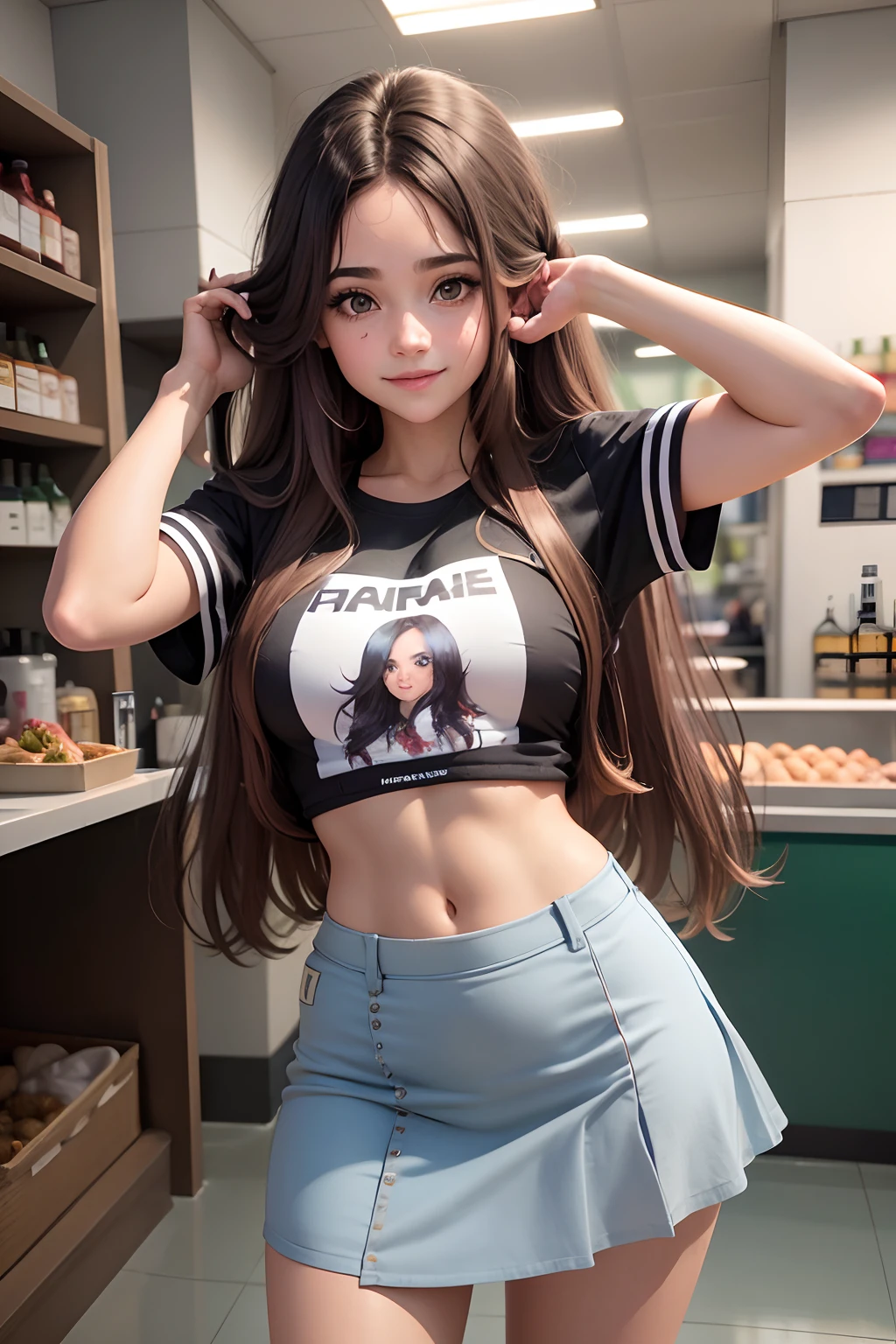 colegiala aparece de espaldas, ojos delineados, sonriente, cabello largo con coletas, Camiseta marcando el sujetador, She will wear a tight skirt, Cintura delgada, pechos muy grandes saltones, cadera enorme, ombligo, It will be in the supermarket