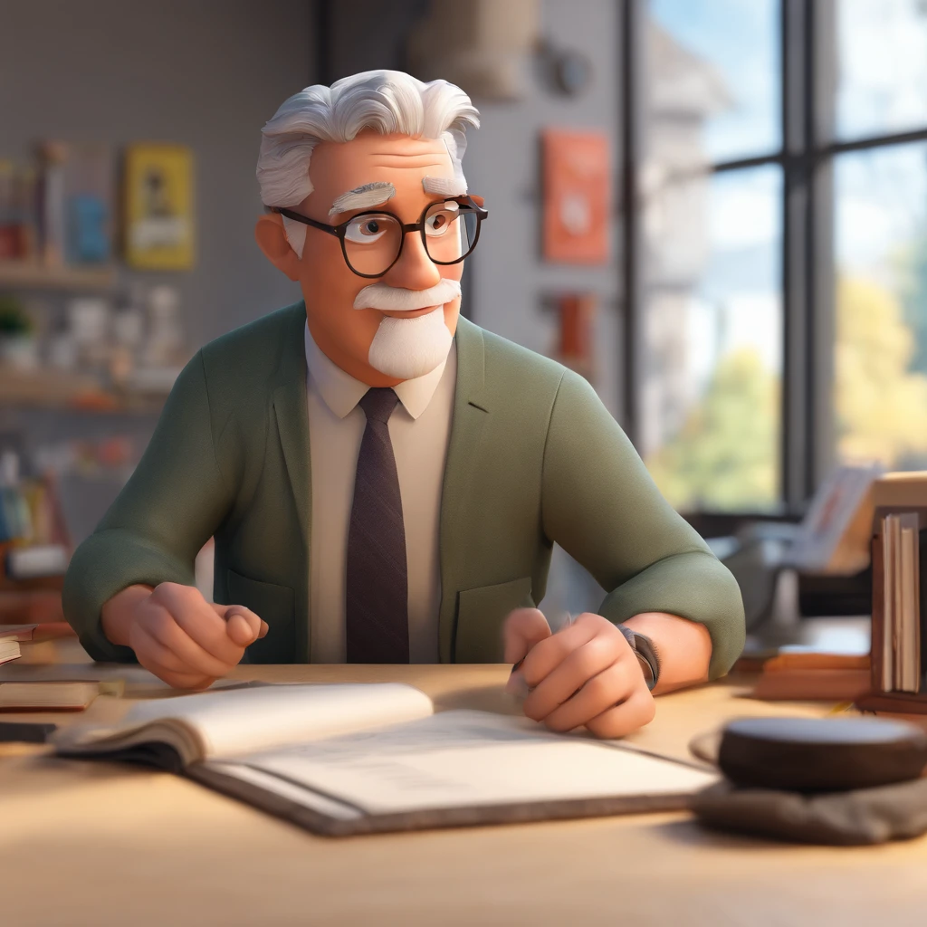 Crie um cartaz inspirado na Disney Pixar com o personagem sendo , A gray-haired young man wearing glasses, rosto quadrado com barba, In an office with a book on the table