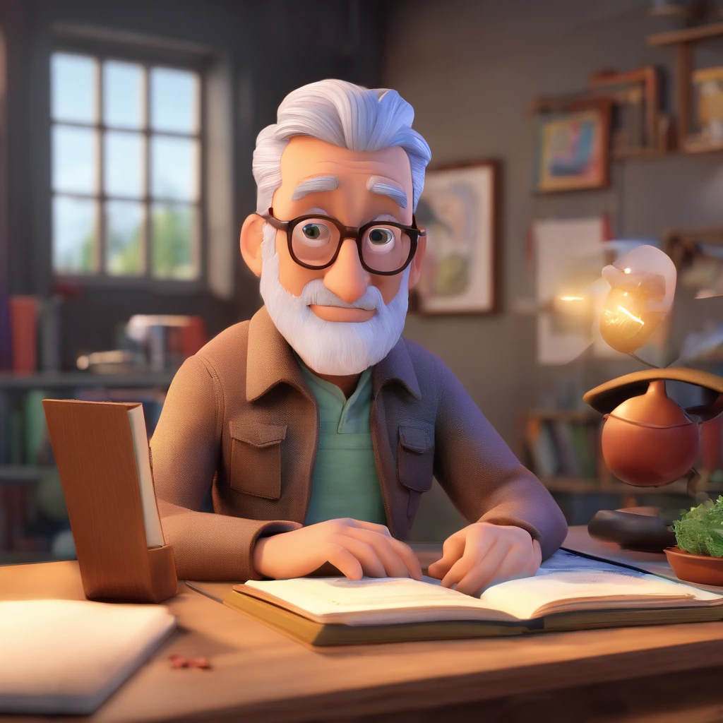 Crie um cartaz inspirado na Disney Pixar com o personagem sendo , A gray-haired young man wearing glasses, rosto quadrado com barba, In an office with a book on the table