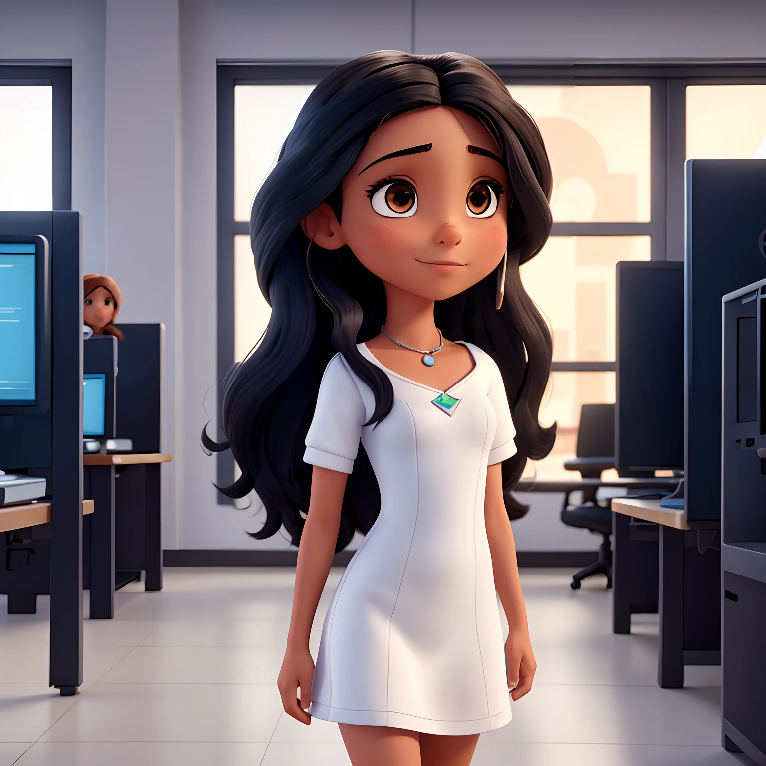 Capa de filme estilo Disney, uma menina morena com olhos castanhos, Tanned skin and long straight black hair working programming applications and an advanced technology office in the background