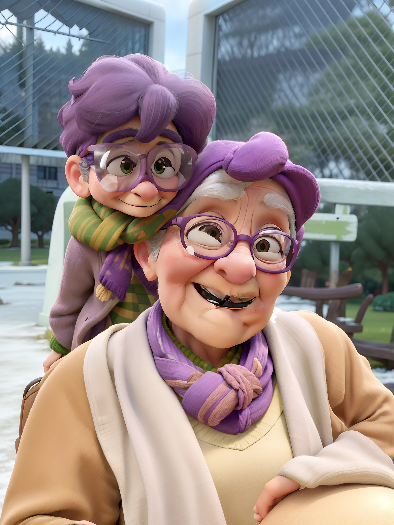 masterpiece, best quality, an old woman with glasses and a scarf on, wearing a purple coat and green scarf, standing at the park