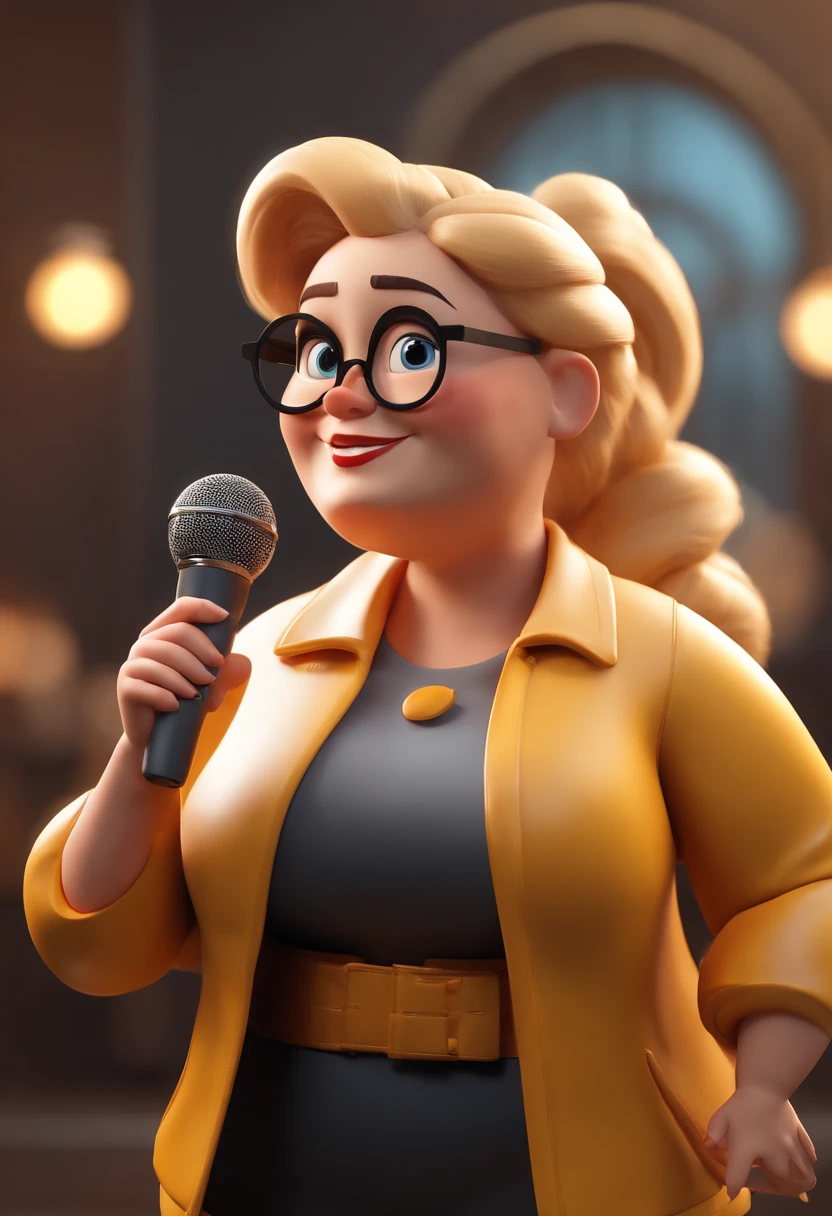 Cartoon character of a fat woman, round face, blonde hair, wearing a bun in her hair, holding a microphone and singing, wearing black glasses, black jacket, a gray shirt, an animated character, stylized character, animation style rendering, 3d stylized, Arnold Maya render, 3d stylized render, toon render keyshot, 3d character, 3d stylized rendering, 3d character rendering, cartoon character, close up character, character pose, (Pixar style) (master piece :1.2) (Bokeh) (best quality) (detailed skin) (detailed texture) (8k) (clay) (Cinematic lighting) (sharp focus,american flat