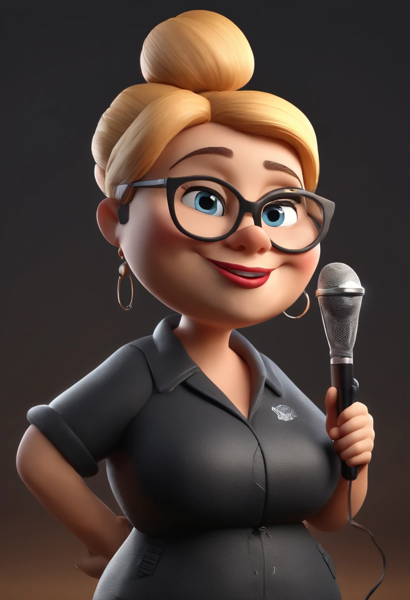 Cartoon character of a fat woman, round face, blonde hair, wearing a bun in her hair, holding a microphone and singing, wearing black glasses, black jacket, a gray shirt, an animated character, stylized character, animation style rendering, 3d stylized, Arnold Maya render, 3d stylized render, toon render keyshot, 3d character, 3d stylized rendering, 3d character rendering, cartoon character, close up character, character pose, (Pixar style) (master piece :1.2) (Bokeh) (best quality) (detailed skin) (detailed texture) (8k) (clay) (Cinematic lighting) (sharp focus，american flat