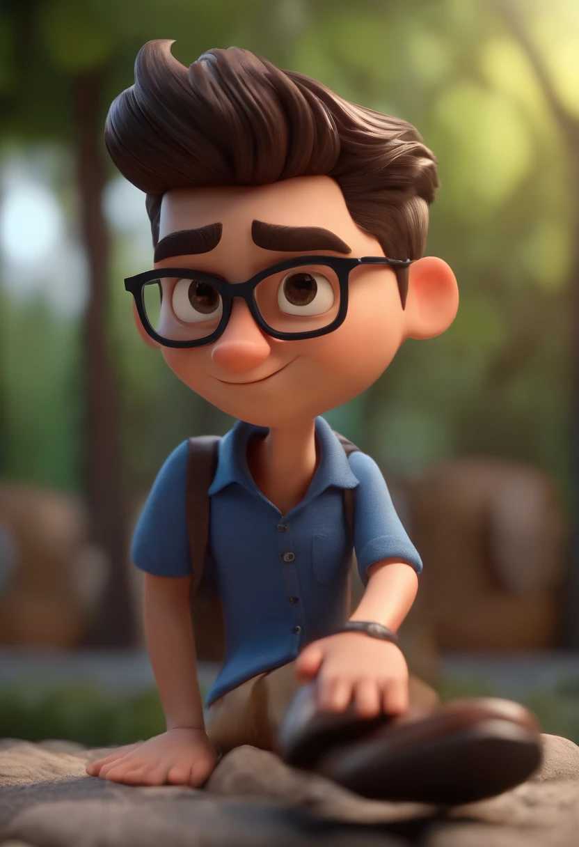 Cartoon character of a man wearing black glasses and a blue shirt, um personagem animado, Caractere estilizado, animation style rendering, 3D estilizado, Arnold Maya render, 3 d render stylized, toon render keyshot, Personagem 3D, Personagem 3D, 3d rendering stylized, 3 d character render, personagem de desenho animado, Personagem de close up, Pose de personagem, (Estilo Pixar) (master part:1.2) (Bokeh) (best quality) (pele detalhada) (textura detalhada) (8k) (argila) (Cinematic lighting) (foco nítido，Senta e vaza a parte superior do corpo