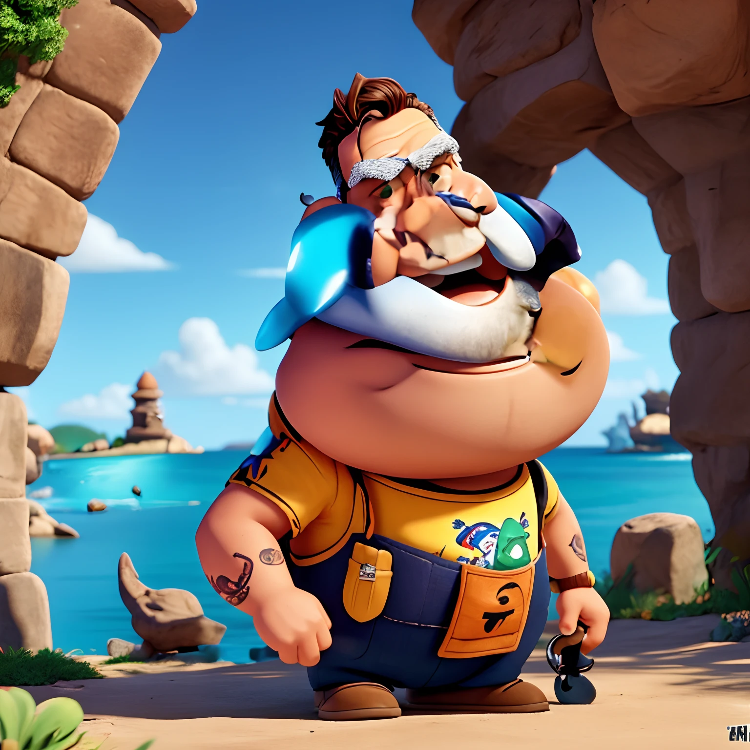 Homem de 62 jovial, with scorpion tattoo on right arm, cabelos grisalhos, olhos bem pequenos e puxados, rosto largo, very short and bald hair at both entrances of the head, alto, magro e sem barriga , 1,75 pesando 74 kilos, com  bermuda ,camiseta, uma vara de pescar na beira de um lago com um peixe saltando,estilo desenho Pixar disney