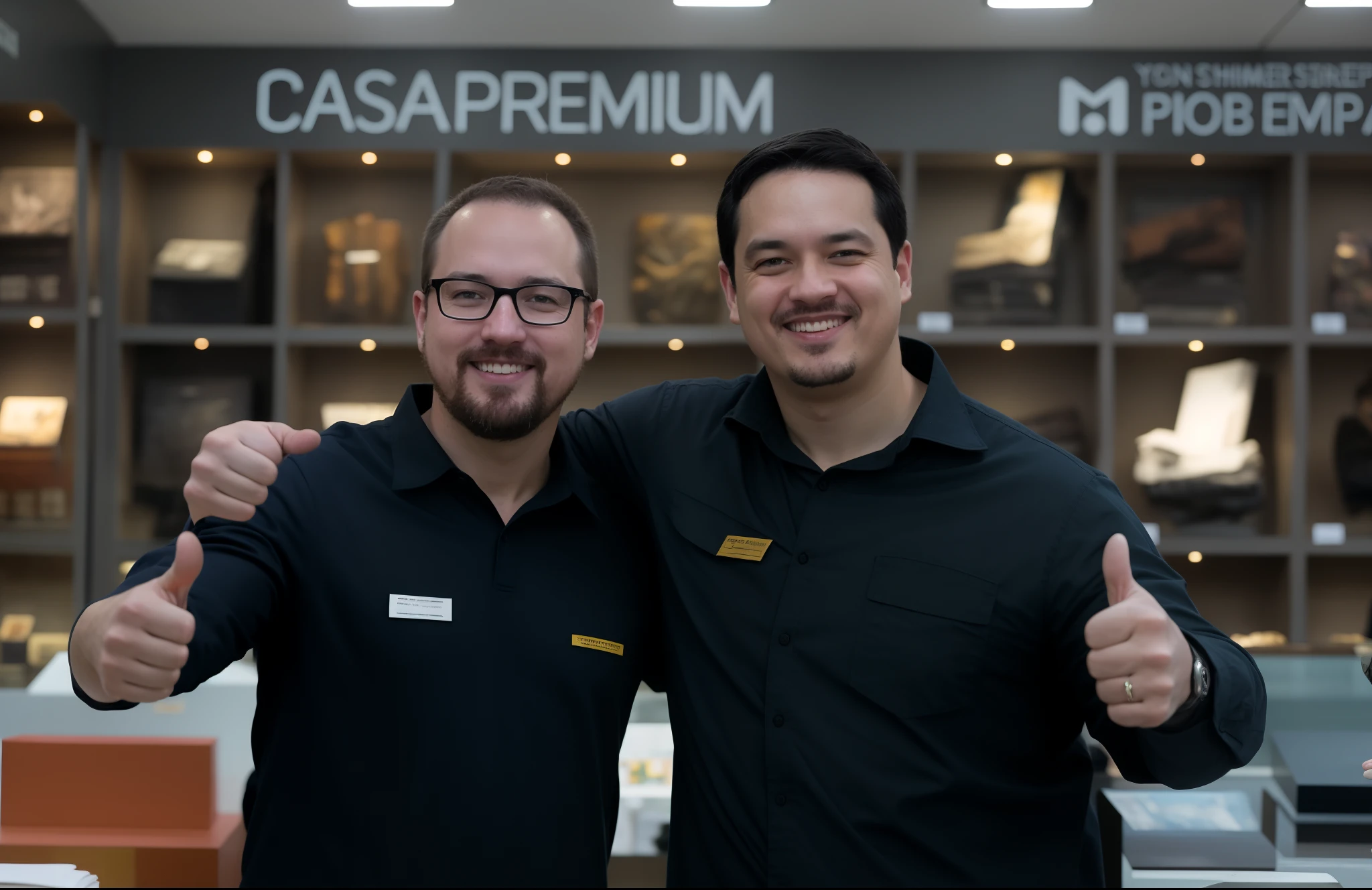 It's two men standing in a store with their thumbs up, Greg Rutkowski e Edgar Maxence, Qualidade Premium, obra-prima premiada, Kajo Baldisimo e Craig Mullins, Craig Mullins e Greg Rutkowski, Sakimichan e Frank Franzzeta, Pablo Carpio e Jordan Grimmer, Mars Ravelo e Greg Rutkowski