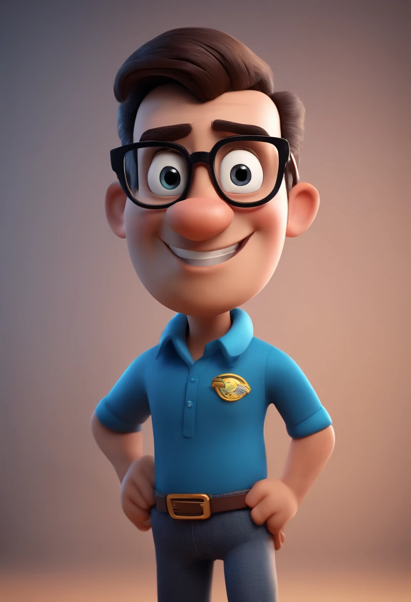 Cartoon character of a man with black glasses and a blue shirt, animation character, Caractere estilizado, animation style rendering, 3D estilizado, Arnold Maya render, 3 d render stylized, toon render keyshot, Personagem 3D, Personagem 3D, 3d rendering stylized, 3 d character render, personagem de desenho animado, Personagem de close up, Pose de personagem,  (Estilo Pixar) (master part:1.2) (Bokeh) (best quality) (pele detalhada) (textura detalhada) (8k) (argila) (Cinematic lighting) (foco nítido