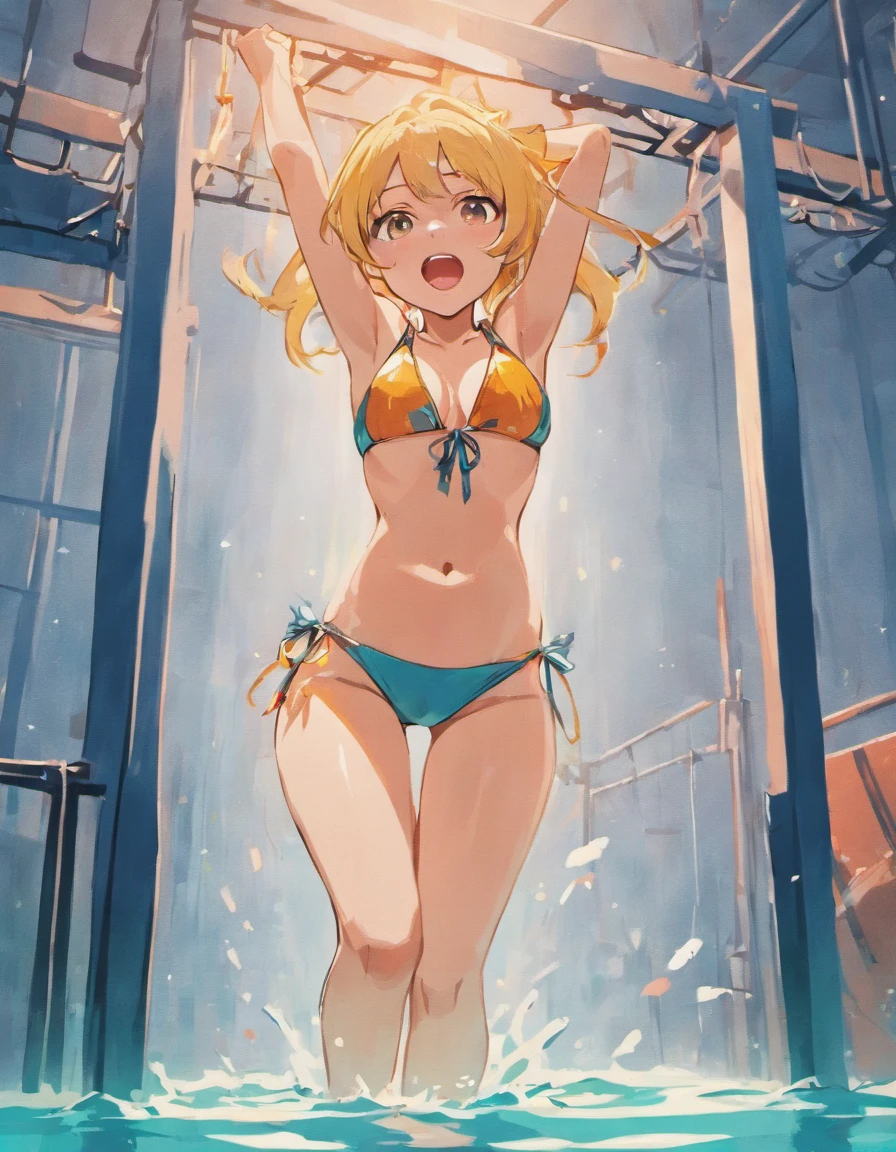 Scared Woman in a bikini falling into a dunk tank