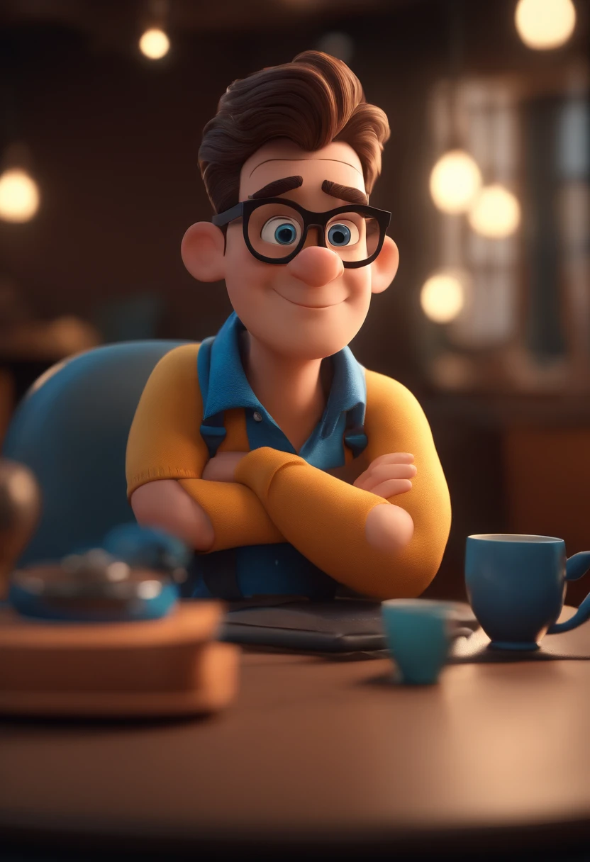 Cartoon character of a man with black glasses and a blue shirt, animation character, Caractere estilizado, animation style rendering, 3D estilizado, Arnold Maya render, 3 d render stylized, toon render keyshot, Personagem 3D, Personagem 3D, 3d rendering stylized, 3 d character render, personagem de desenho animado, Personagem de close up, Pose de personagem, (Estilo Pixar) (master part:1.2) (Bokeh) (best quality) (pele detalhada) (textura detalhada) (8k) (argila) (Cinematic lighting) (foco nítido