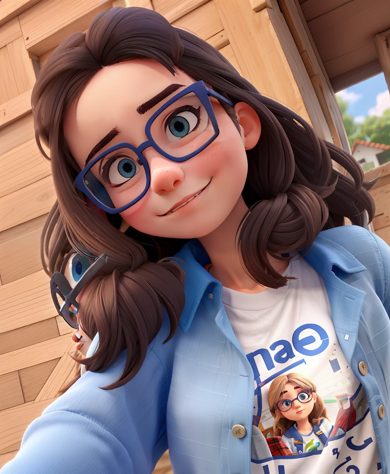 Girl with glasses,olhos castanhos, jaqueta azul e camiseta branca em frente a sua casa