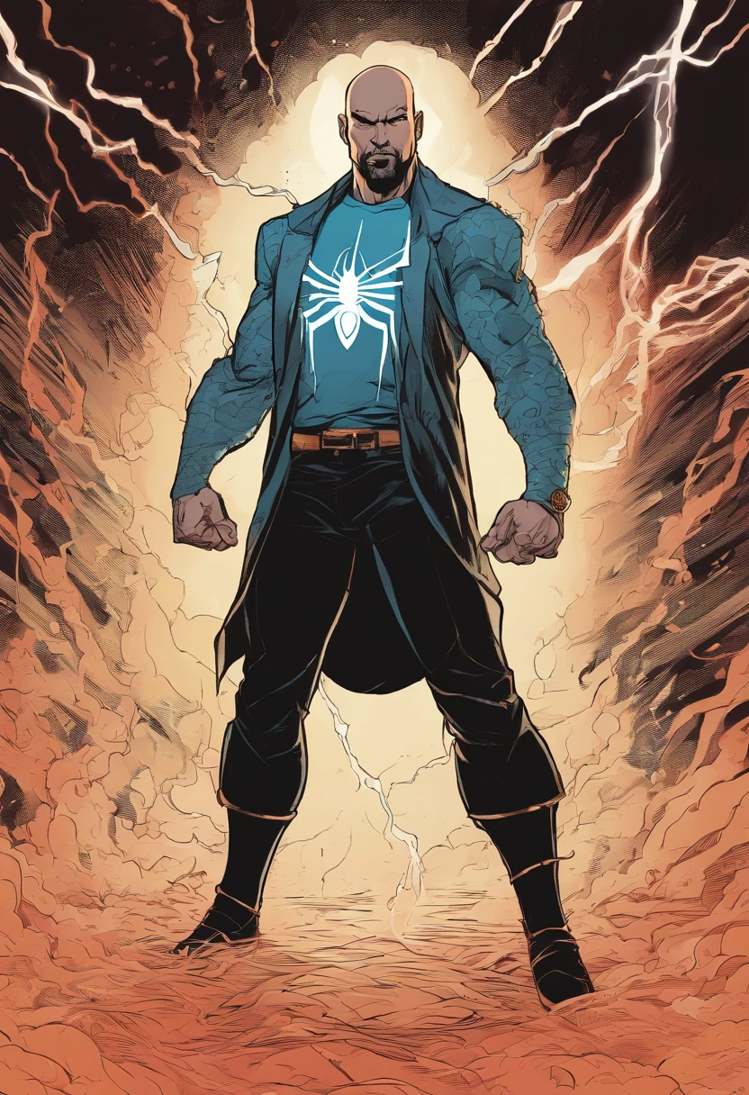 A tall, strong bald man with spider tattoo on arm with lightning power