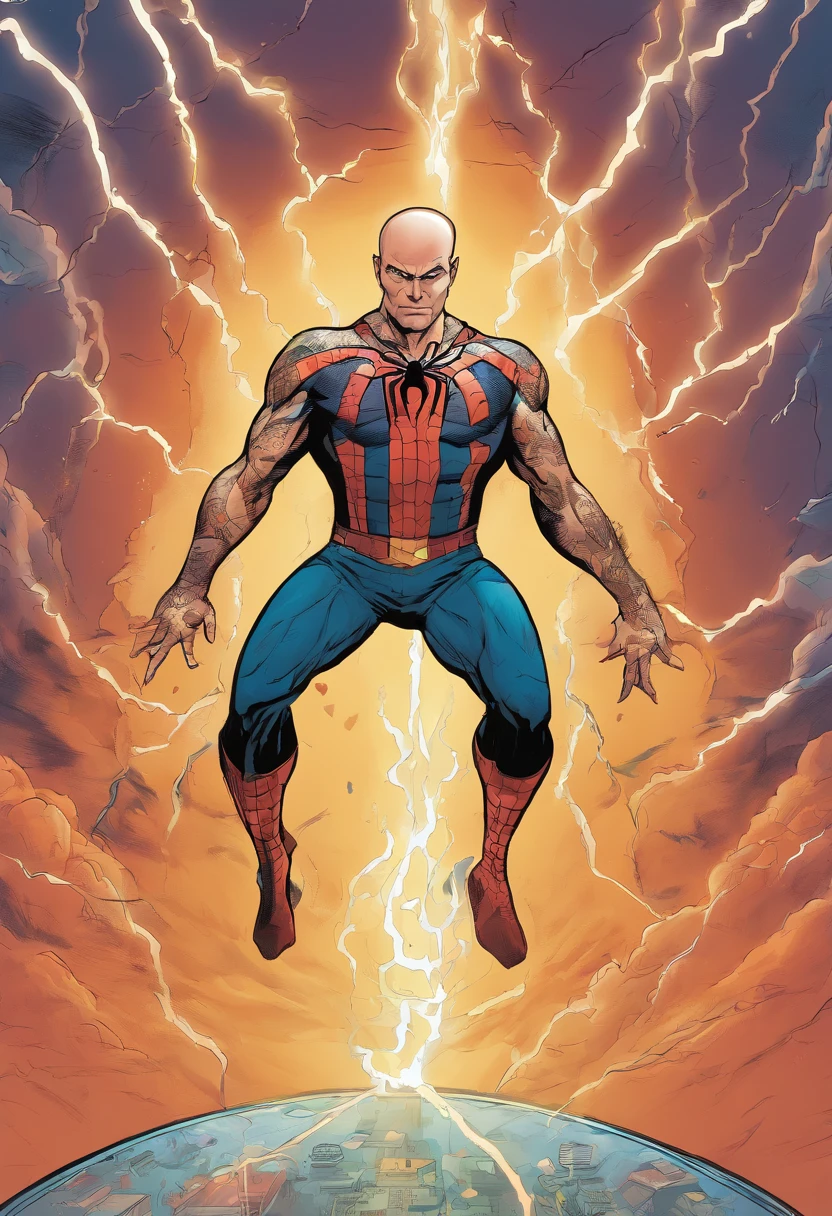 A tall, strong bald man with spider tattoo on arm with lightning power