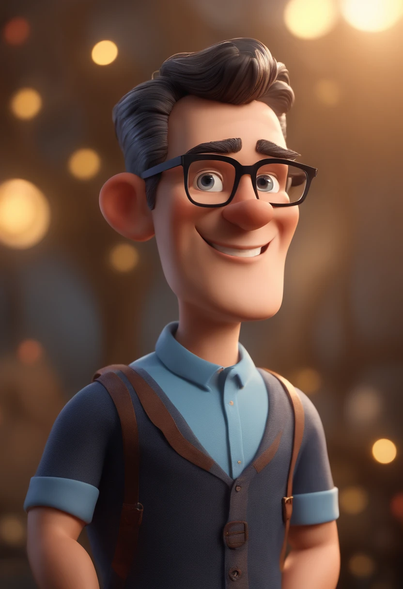 Cartoon character of a man with black glasses and a blue shirt, animation character, Caractere estilizado, animation style rendering, 3D estilizado, Arnold Maya render, 3 d render stylized, toon render keyshot, Personagem 3D, Personagem 3D, 3d rendering stylized, 3 d character render, personagem de desenho animado, Personagem de close up, Pose de personagem, (Estilo Pixar) (master part:1.2) (Bokeh) (best quality) (pele detalhada) (textura detalhada) (8k) (argila) (Cinematic lighting) (foco nítido