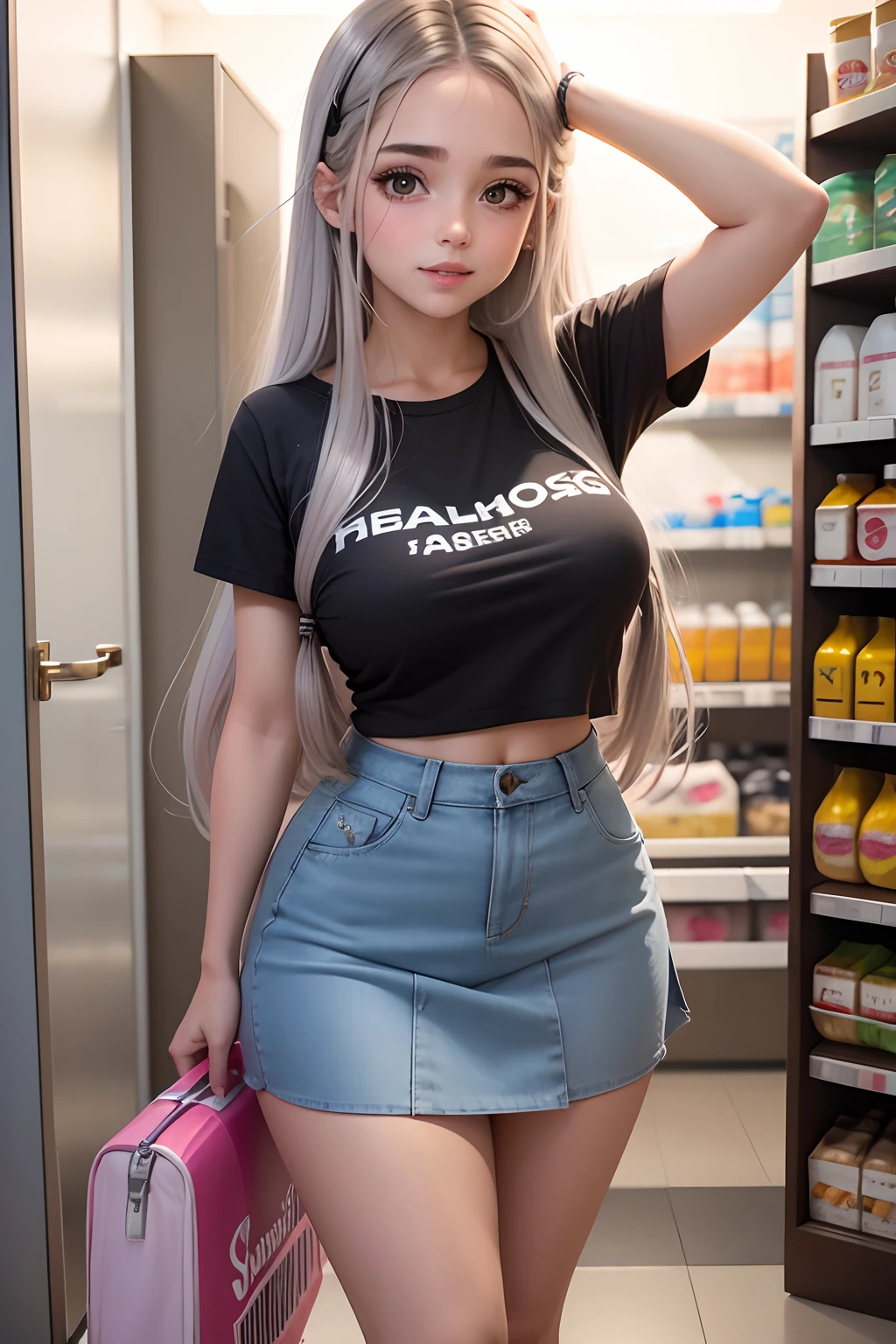 colegiala aparece de espaldas, ojos delineados, sonriente, cabello largo con coletas, Camiseta marcando el sujetador, She will wear a tight skirt, Cintura delgada, pechos muy grandes saltones, cadera enorme, ombligo, It will be in the supermarket