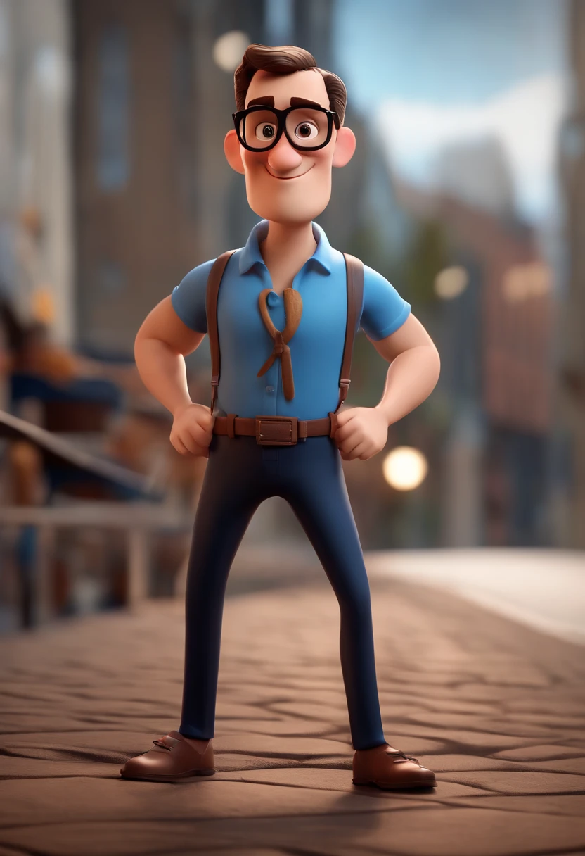 Cartoon character of a man wearing black glasses and a blue shirt, um personagem animado, Caractere estilizado, animation style rendering, 3D estilizado, Arnold Maya render, 3 d render stylized, toon render keyshot, Personagem 3D, Personagem 3D, 3d rendering stylized, 3 d character render, personagem de desenho animado, Personagem de close up, Pose de personagem, (Estilo Pixar) (master part:1.2) (Bokeh) (best quality) (pele detalhada) (textura detalhada) (8k) (argila) (Cinematic lighting) (foco nítido,Senta e vaza a parte superior do corpo