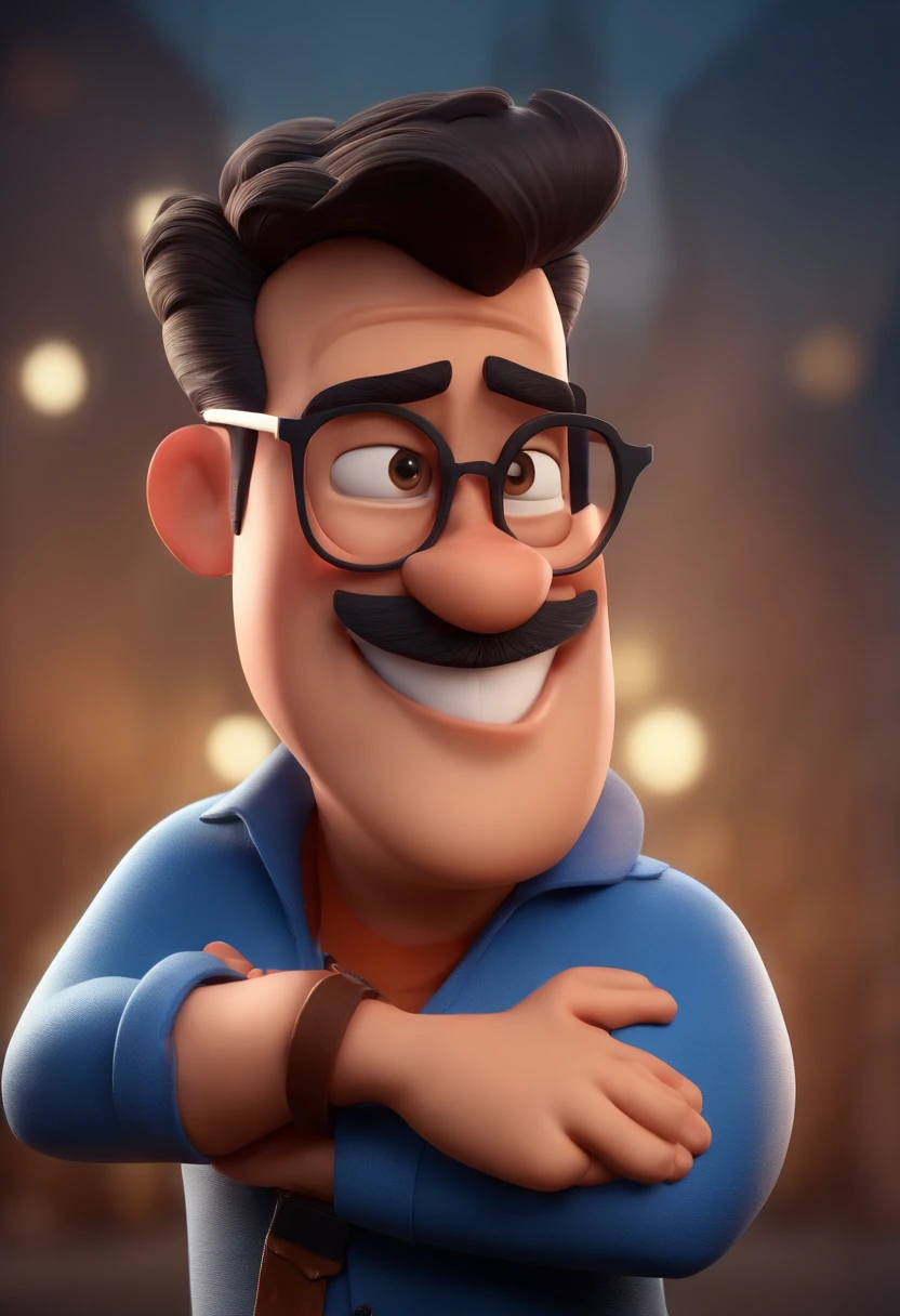Cartoon character of a man wearing black glasses and a blue shirt, um personagem animado, Caractere estilizado, animation style rendering, 3D estilizado, Arnold Maya render, 3 d render stylized, toon render keyshot, Personagem 3D, Personagem 3D, 3d rendering stylized, 3 d character render, personagem de desenho animado, Personagem de close up, Pose de personagem, (Estilo Pixar) (master part:1.2) (Bokeh) (best quality) (pele detalhada) (textura detalhada) (8k) (argila) (Cinematic lighting) (foco nítido,Senta e vaza a parte superior do corpo