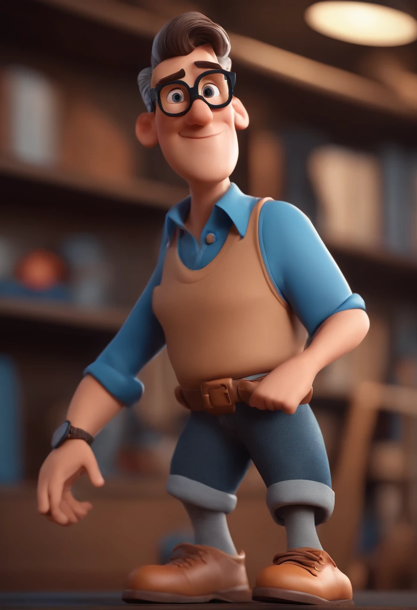 Cartoon character of a man with black glasses and a blue shirt, animation character, Caractere estilizado, animation style rendering, 3D estilizado, Arnold Maya render, 3 d render stylized, toon render keyshot, Personagem 3D, Personagem 3D, 3d rendering stylized, 3 d character render, personagem de desenho animado, Personagem de close up, Pose de personagem, (Estilo Pixar) (master part:1.2) (Bokeh) (best quality) (pele detalhada) (textura detalhada) (8k) (argila) (Cinematic lighting) (foco nítido