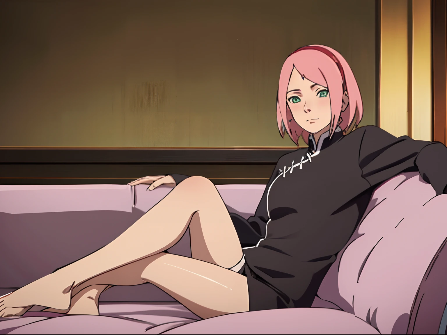 tmasterpiece, hoang lap , (Complicated details),(rich colourful), 电影灯光, the Extremely Detailed CG Unity 8K Wallpapers , Sakura Haruno, 1girll, 独奏,White color blouse,black necktie,black sock, looking at viewert, sitted, Bedrooms,,Sitting,Show off your thighs,Be red in the face,Blush 1.5,Pose on the couch,short detailed hair,A pink-haired,