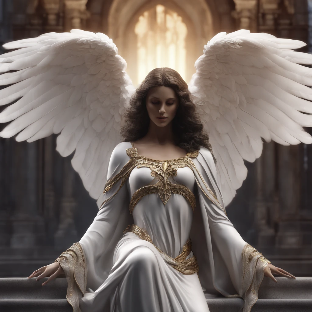 A closeup of a statue of an angel with wings, O Anjo da Morte, anjo da morte, unreal engine render + uma deusa, Vilania tem asas de anjo negro, the angel of death with a halo, angel in plastic armor, flowing white robes, Retrato do Anjo da Morte, angel knight gothic girl, Anjo majestoso de corpo inteiro, anjo protegendo a mulher, arte da capa, clinging to life, clinging to life, album art for a song with the title Grasp on to Life