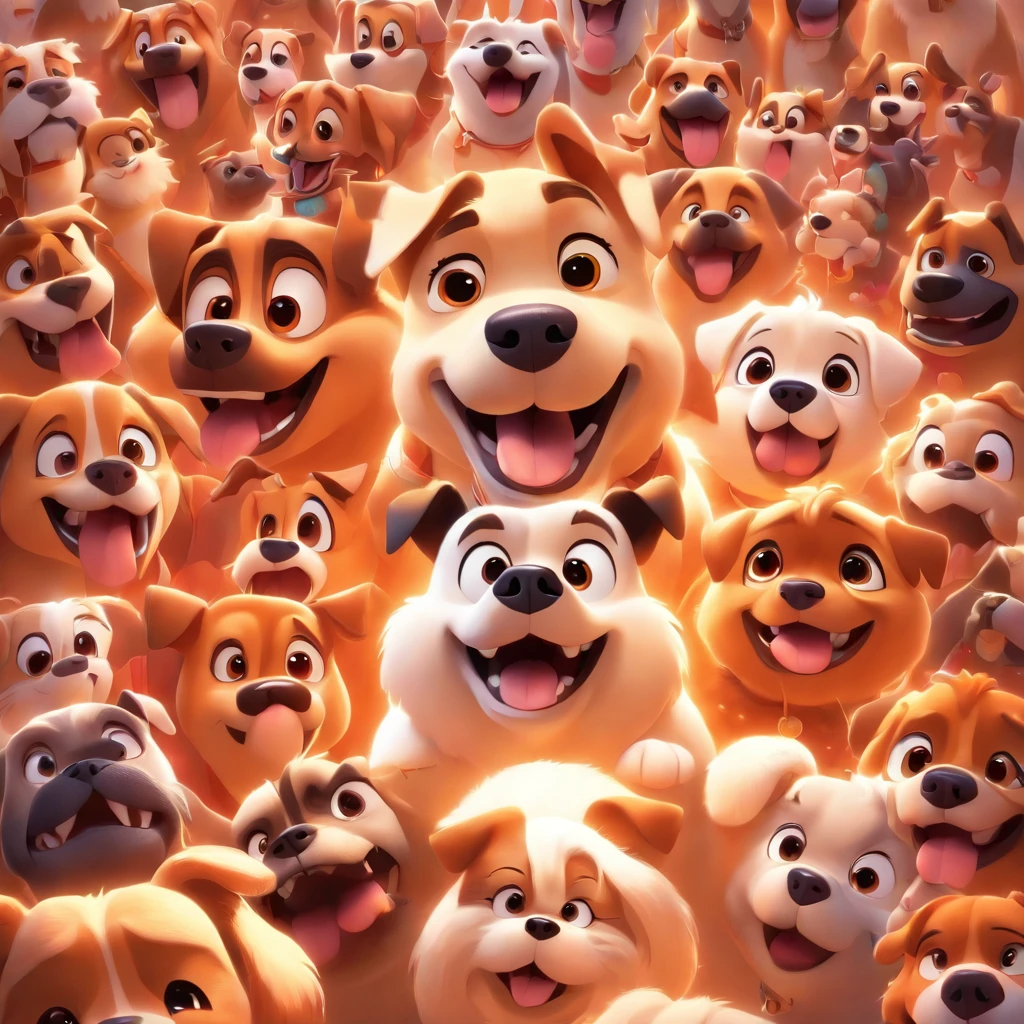 a 3d pixar disney style movie poster with the text " DOG GANG ", with 4 dogs, a big smiling pitbull, a femme pug smiling , a shitzu small white furry smiling, shitzu, a femme chow chow smiling orange