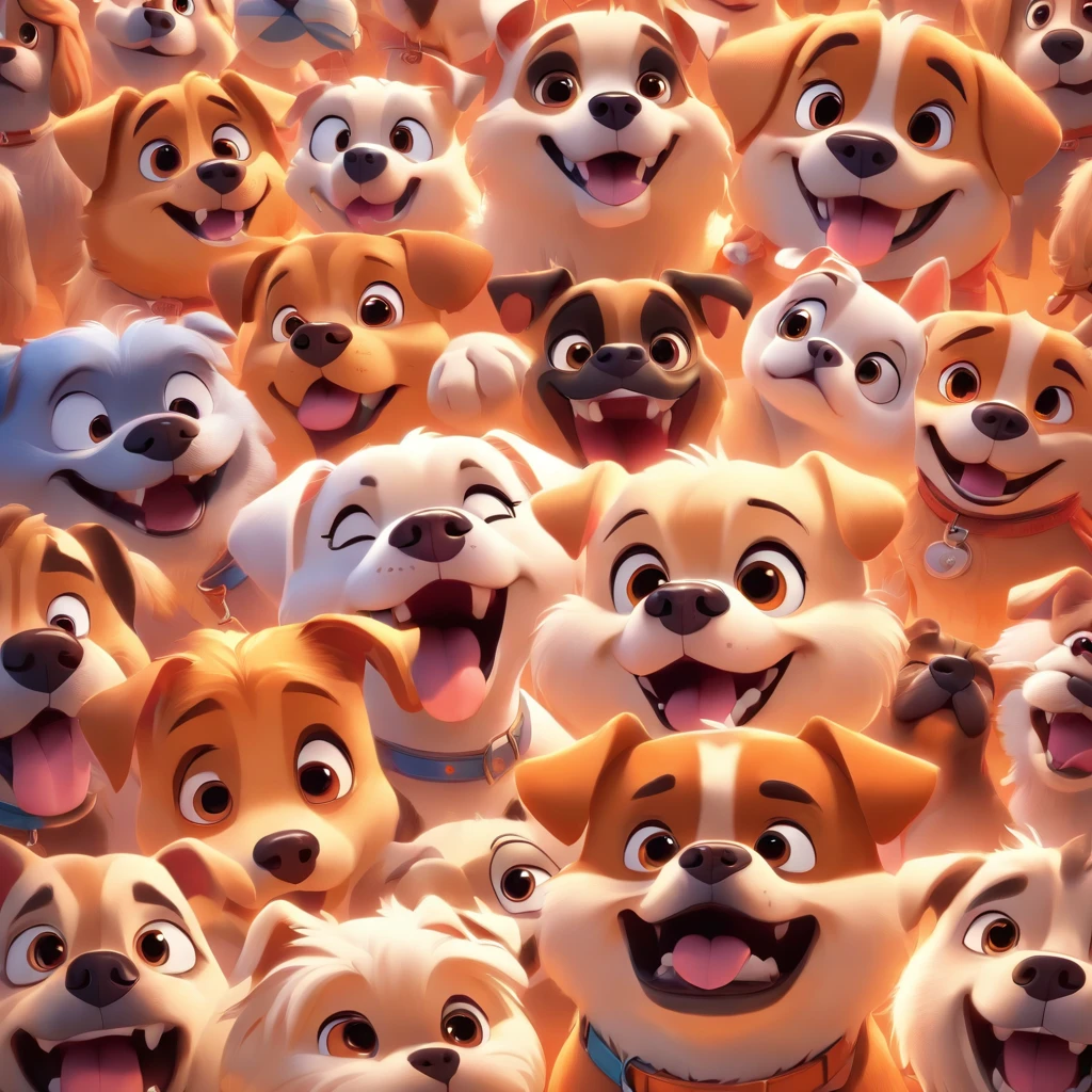 a 3d pixar disney style movie poster with the text " DOG GANG ", with 4 dogs, a big smiling pitbull, a femme pug smiling , a shitzu small white furry smiling, shitzu, a femme chow chow smiling orange