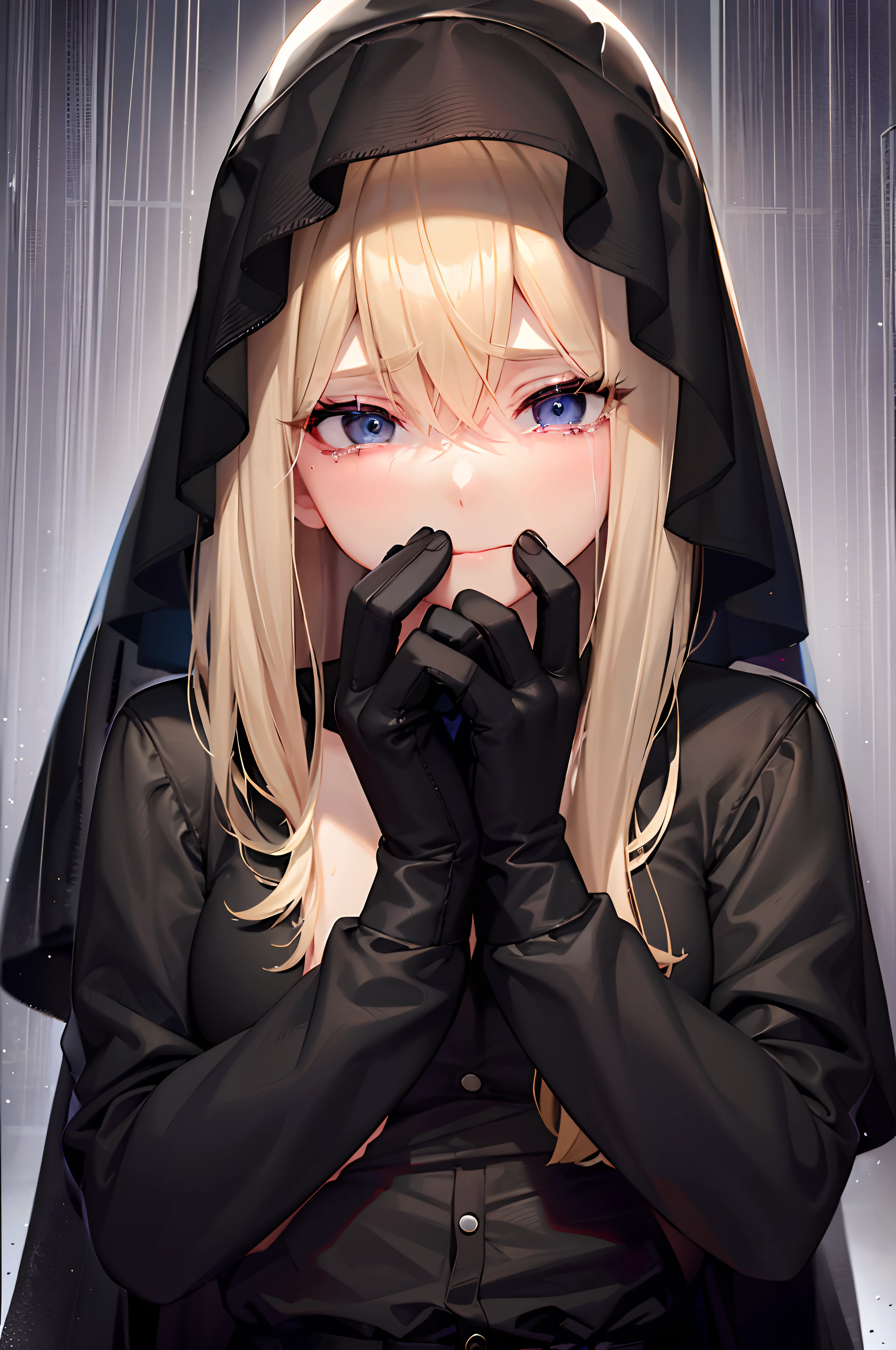 A girl with blond hair and black eye lashes and eye brows covering her face with her hands, crying, ((covering her face with her hands))