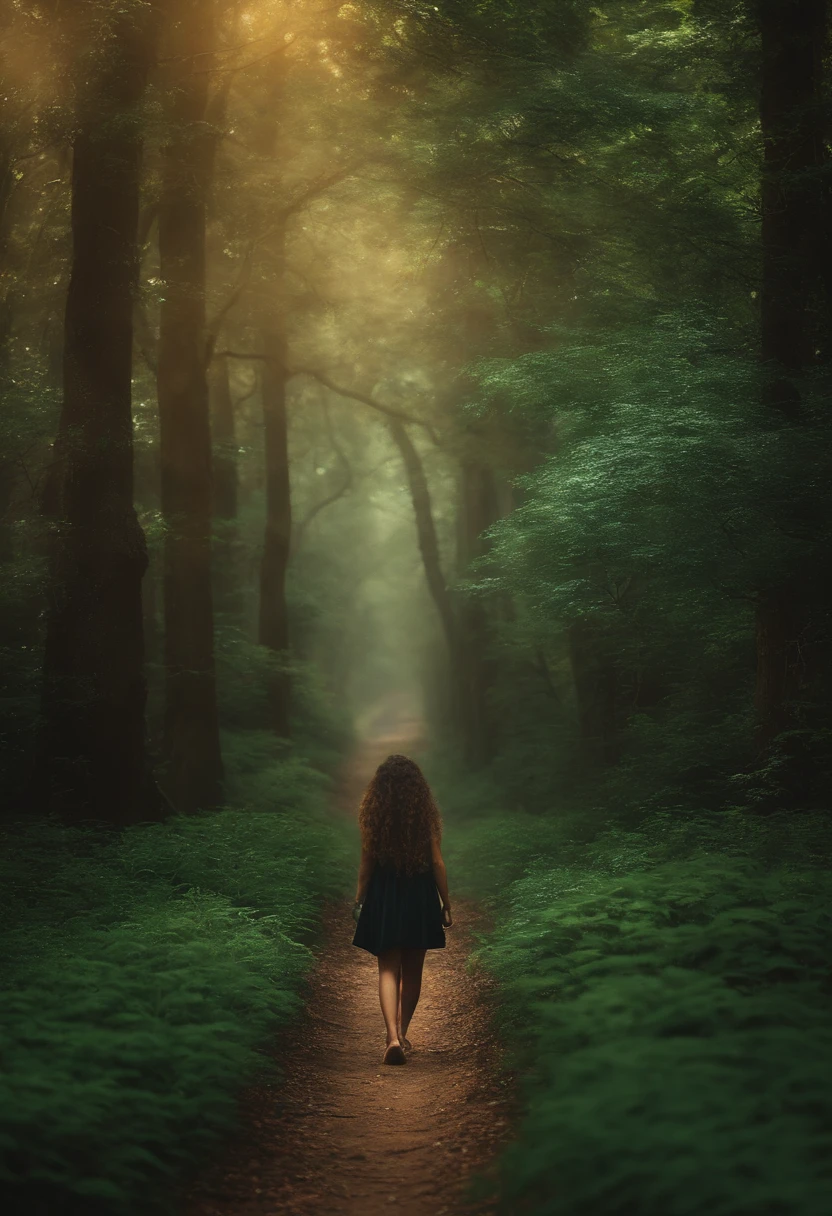 crie uma imagem com duas meninas de 10 anos de costas, uma de cabelo preto e outra loira nas laterais da capa olhando para a floresta. em formato de desenho.