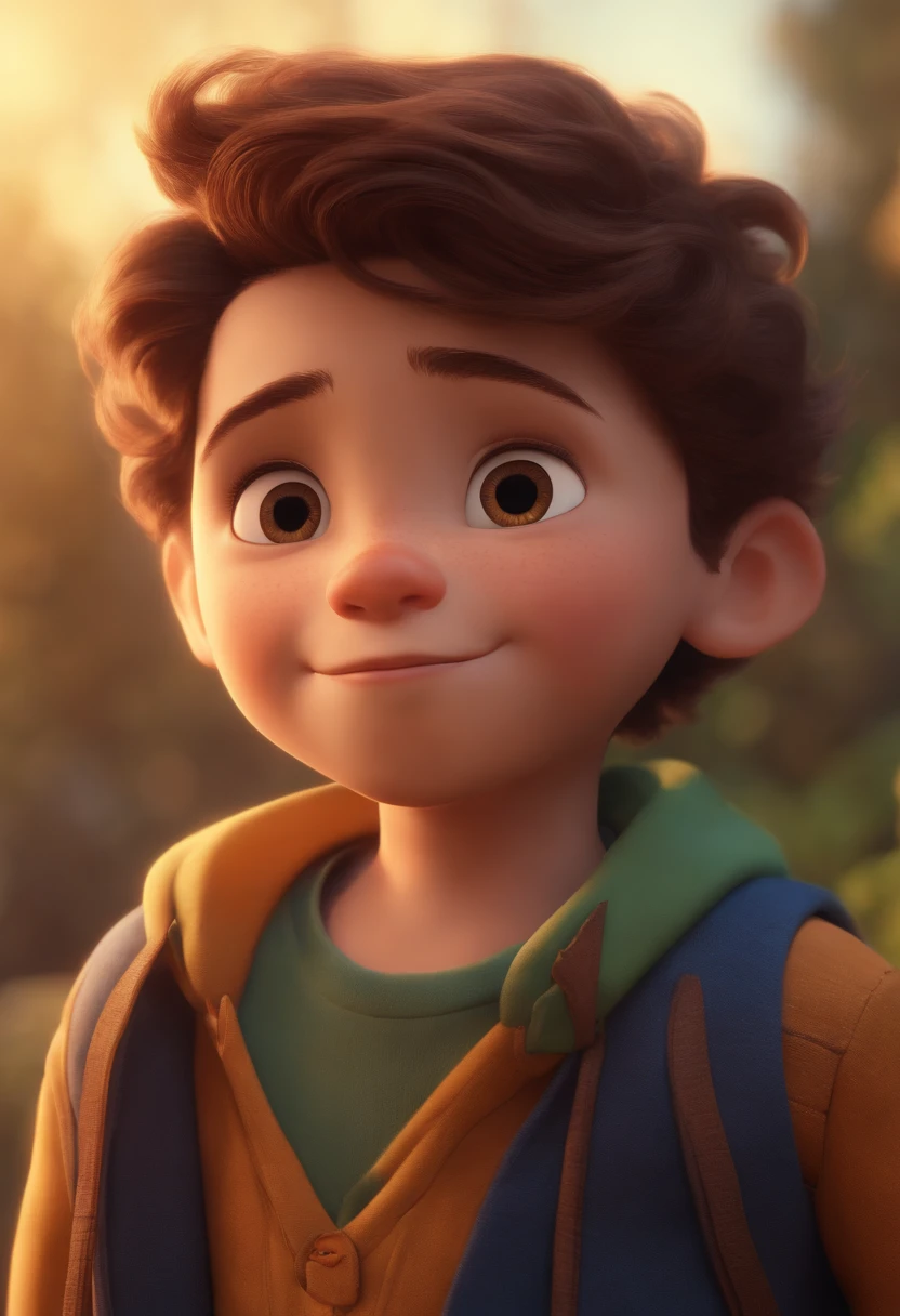 Image of a boy for a story in a YouTube video in Pixar format, He's the  allabester, He's the class leader, He's outgoing, Playful and gets up for a lot of things, cabelo curto