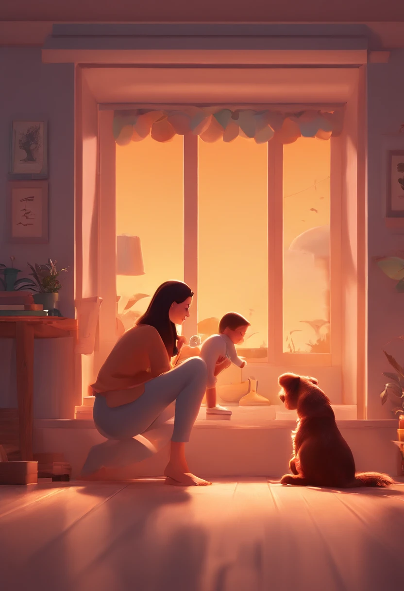 An illustration of an adorable couple, Destacando um homem e uma mulher com beleza, Expressive eyes – the man's hair is brown and slicked sideways and he has no beard, While the woman's hair is tied in a bun and black. They are a bright space, Todos com um sorriso no rosto, e compartilhe um momento especial, That is marked by love, viagem, and pedagogical insights, they have a baby girl and a brown Yazapsu dog. Ilustre esta cena a partir de uma perspectiva, where they're facing away from the camera, Show Your Connection. Desenvolva esta arte em Full HD, Focus on your cinematic touch, Estilo Disney Pixar Animations