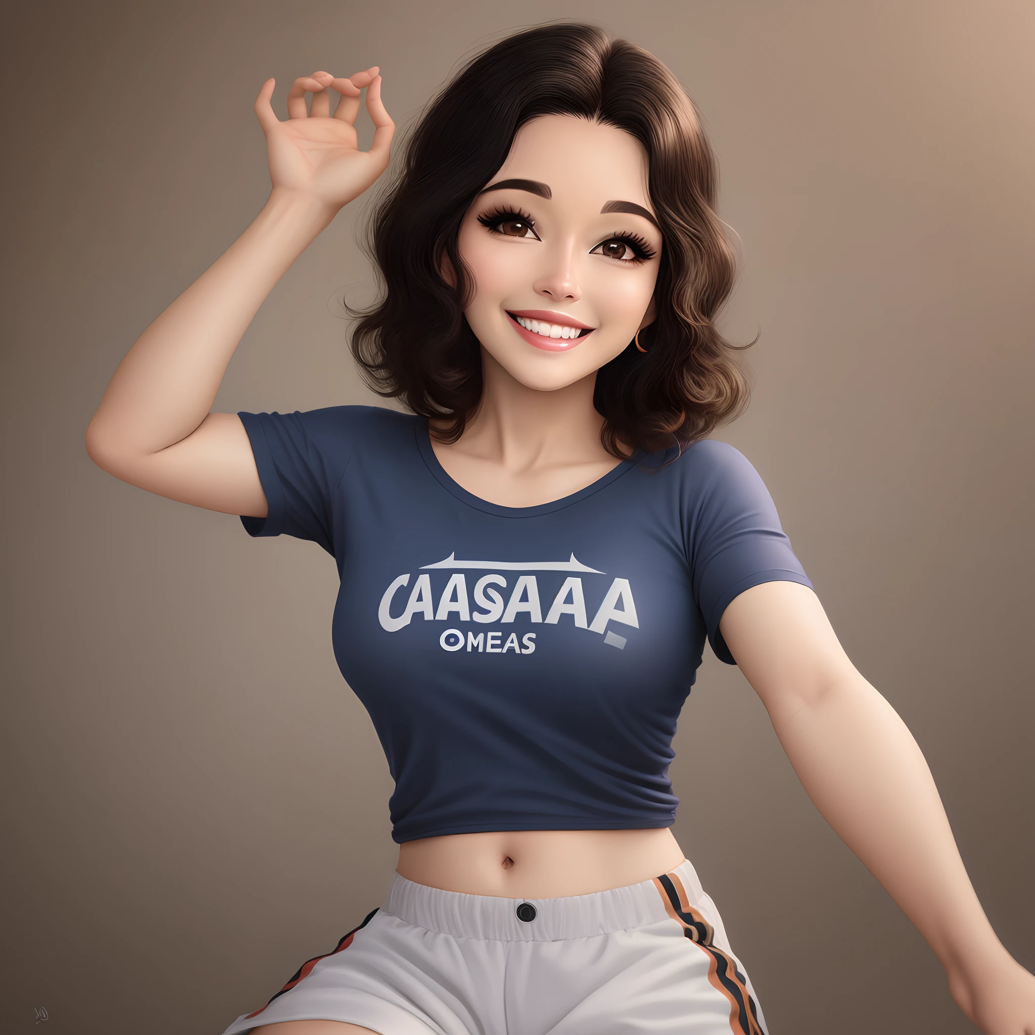 crie um desenho estilo Pixar. mulher de 45 anos, with medium hair, cabelo castanho, cabelo cacheado e repartido de lado, brincos nas orelhas, sorrindo, pouca maquiagem, pele morena, olhos castanhos, usando uma camiseta de manga curta preta e com linhas horizontais brancas,