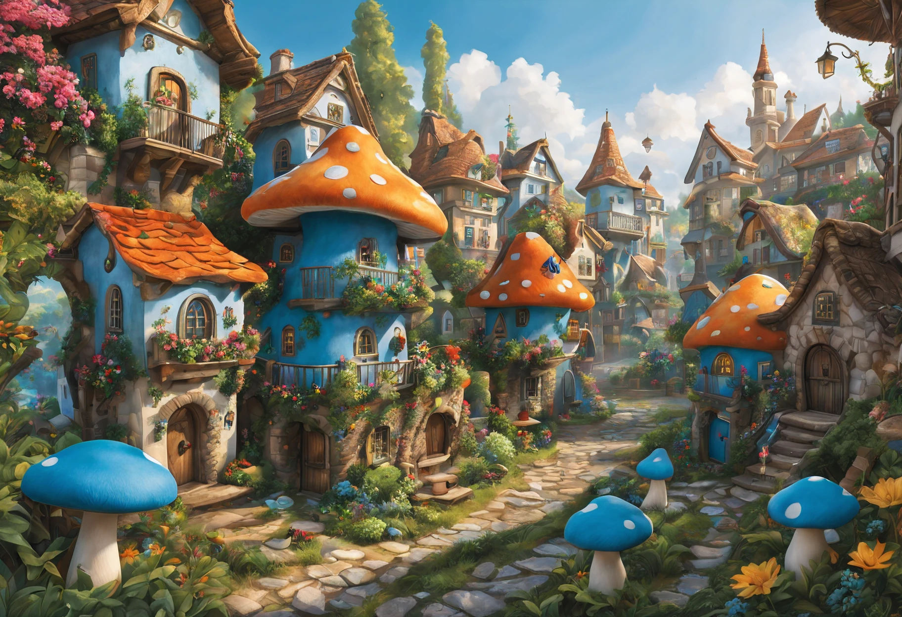 A smurf city, vividly depicted in the artwork (best quality, 4k, high resolution, masterpiece: 1.2), with ultra detailed features (realistic, photorealistic: 1.37). The city is made of vibrant colors and is bathed in warm sunlight, creating a cheerful and whimsical atmosphere. The houses are designed with extreme attention to detail, with intricate designs and unique architecture, resembling mushroom-shaped houses. The city is surrounded by lush greenery and colorful flowers, enhancing the enchanting and magical environment. The artwork exhibits an illustrative style, inspired by children's book illustrations, ensuring a charming and nostalgic touch. The color palette is made up of vibrant blues, greens and yellows, evoking a feeling of joy and playfulness. The lighting accentuates the picturesque scenes, casting soft, warm shadows that add depth and warmth to the artwork. Every detail is impeccably rendered, creating a visually stunning masterpiece that captures the essence of Smurf Town.