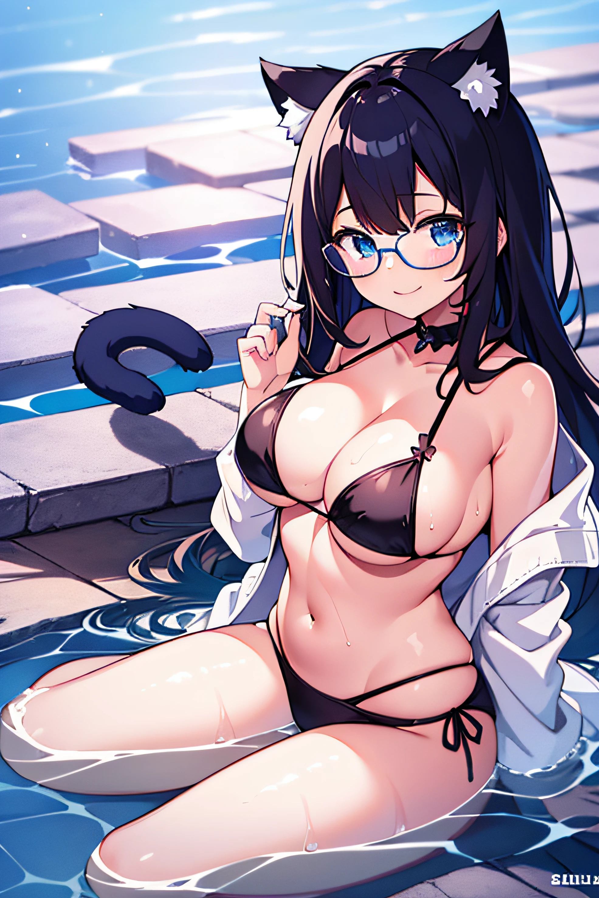 (Masterpiece), (Top Quality Anime Illustration), (Super Definition), One Girl, Solo, Beautiful Girl with black Hair, Anime , Cat Ear Lolitite, Cleavage Emphasis, Underboob, Side Boob, Thigh Emphasis, White Robe, Off Shoulder, Wet Sheer, Smile, wearing glasses, South Island Sea, Water