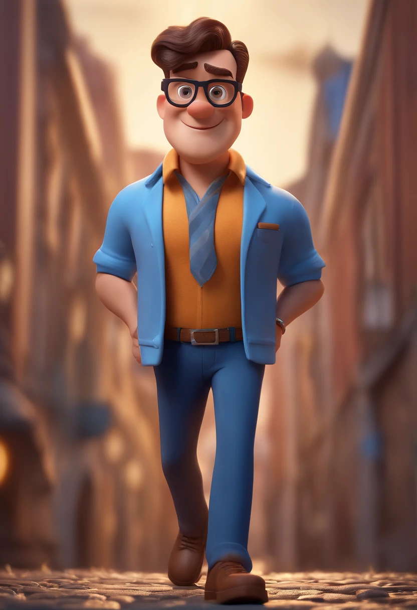 Cartoon character of a man with black glasses and a blue shirt, animation character, Caractere estilizado, animation style rendering, 3D estilizado, Arnold Maya render, 3 d render stylized, toon render keyshot, Personagem 3D, Personagem 3D, 3d rendering stylized, 3 d character render, personagem de desenho animado, Personagem de close up, Pose de personagem, (Estilo Pixar) (master part:1.2) (Bokeh) (best quality) (pele detalhada) (textura detalhada) (8k) (argila) (Cinematic lighting) (foco nítido